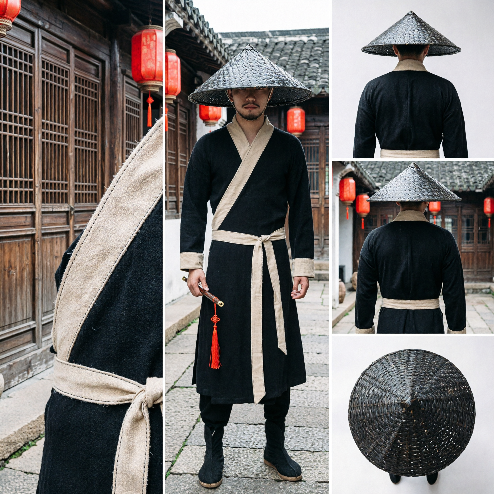 Men's Traditional Chinese Wuxia Swordsman Costume Black Hanfu Robe with Straw Hat Ancient Kung Fu Cosplay Outfit