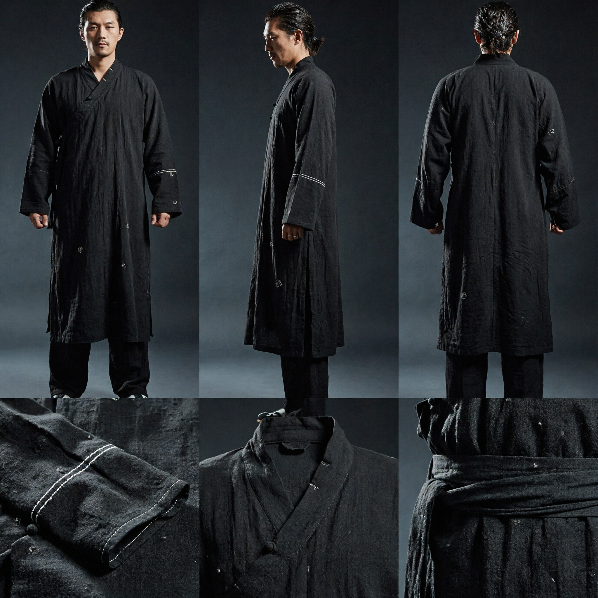 Men's Traditional Chinese Black Kung Fu Uniform Tai Chi Martial Arts Monk Robe Costume