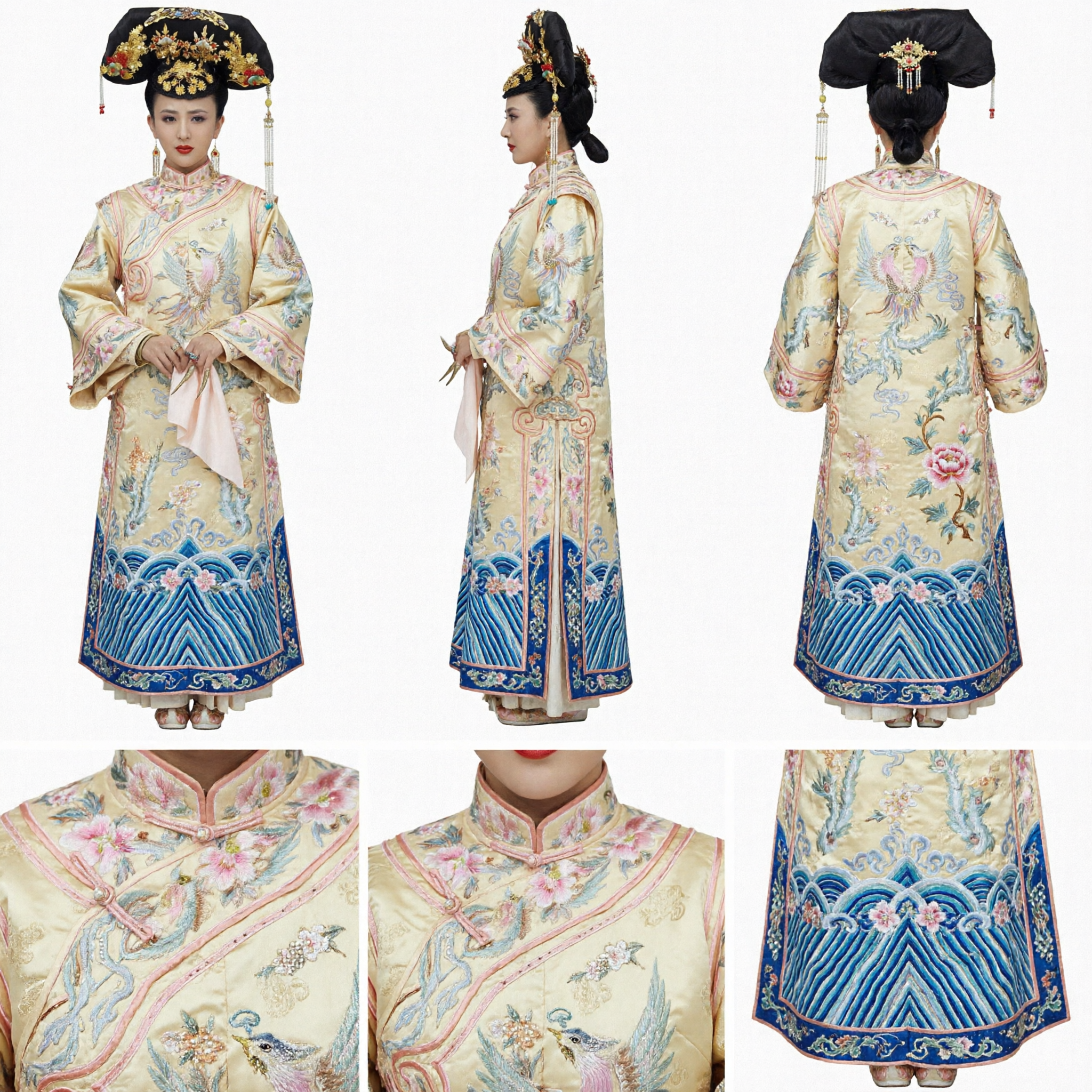 Traditional Chinese Qing Dynasty Empress Costume Set with Gold Headdress and Yellow Embroidered Robe for Women