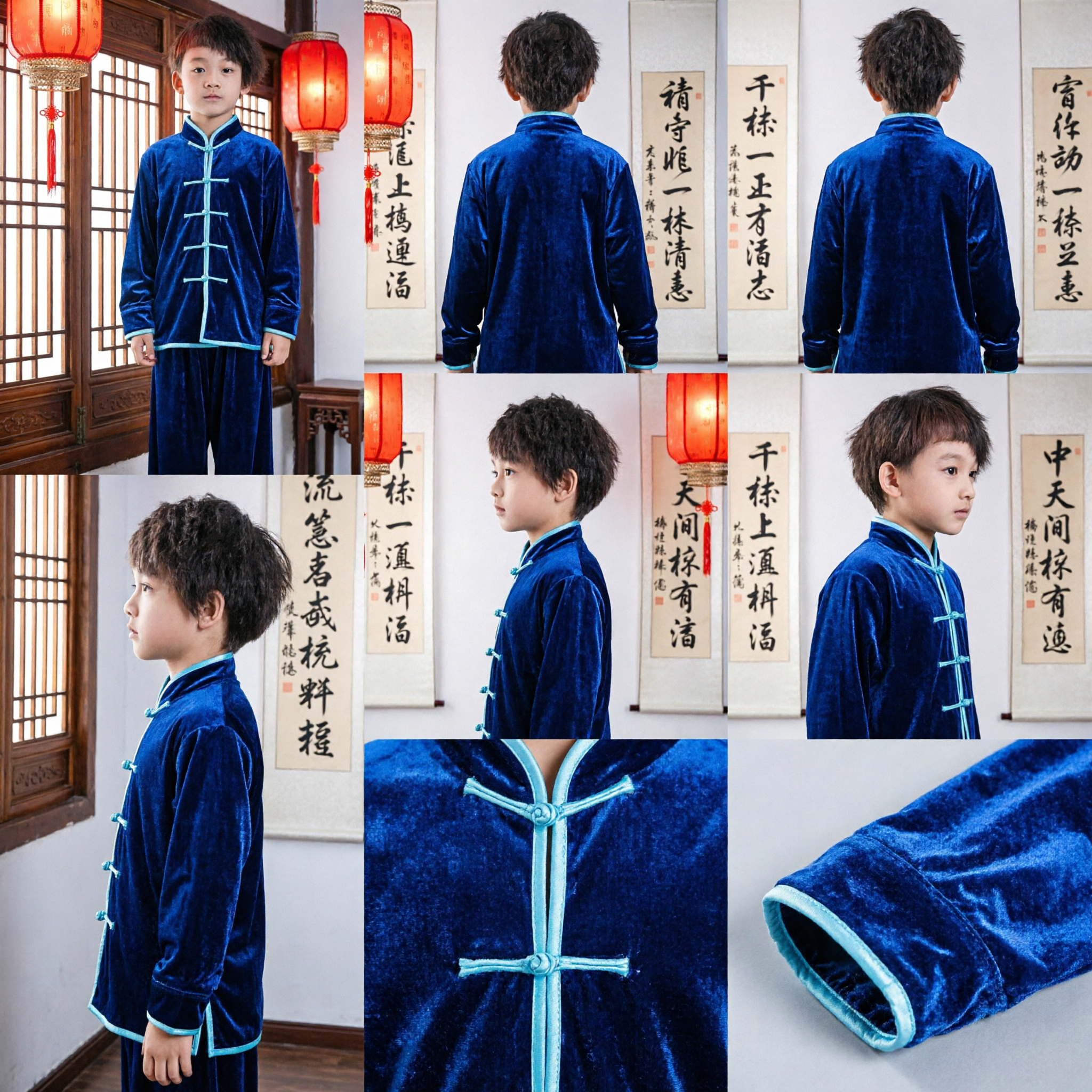 Kids Blue Velvet Kung Fu Uniform Traditional Chinese Martial Arts Tai Chi Suit for Boys Performance