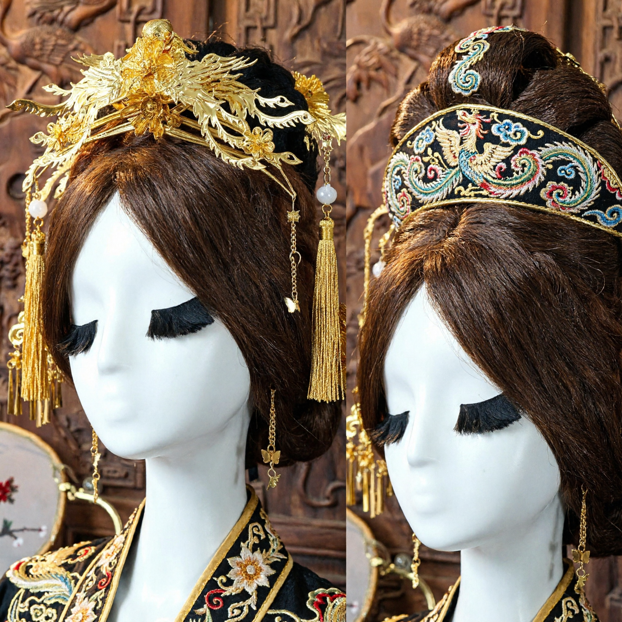Chinese Traditional Golden Phoenix Crown Hair Accessories Ancient Palace Empress Headdress for Hanfu Wedding Bridal