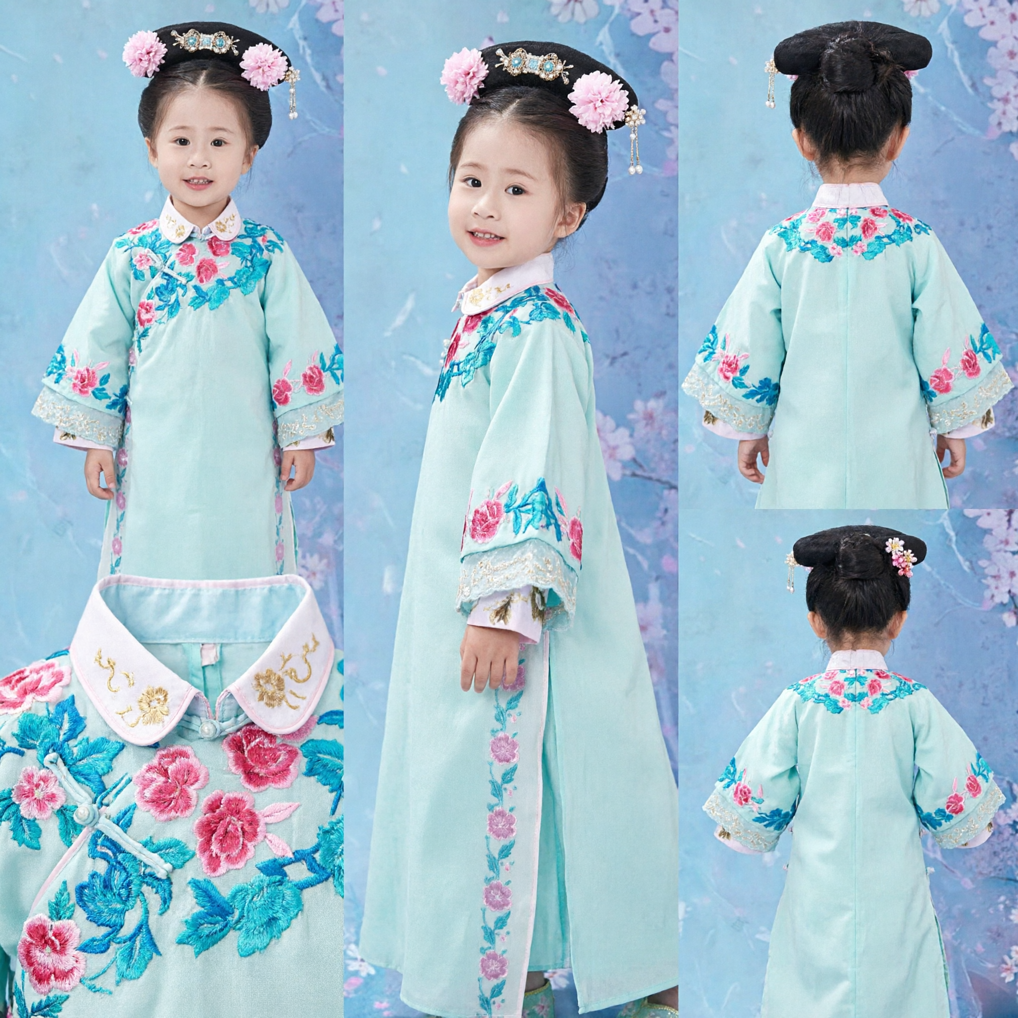 Chinese Traditional Qing Dynasty Manchu Princess Dress for Kids Girls Embroidered Costume Performance
