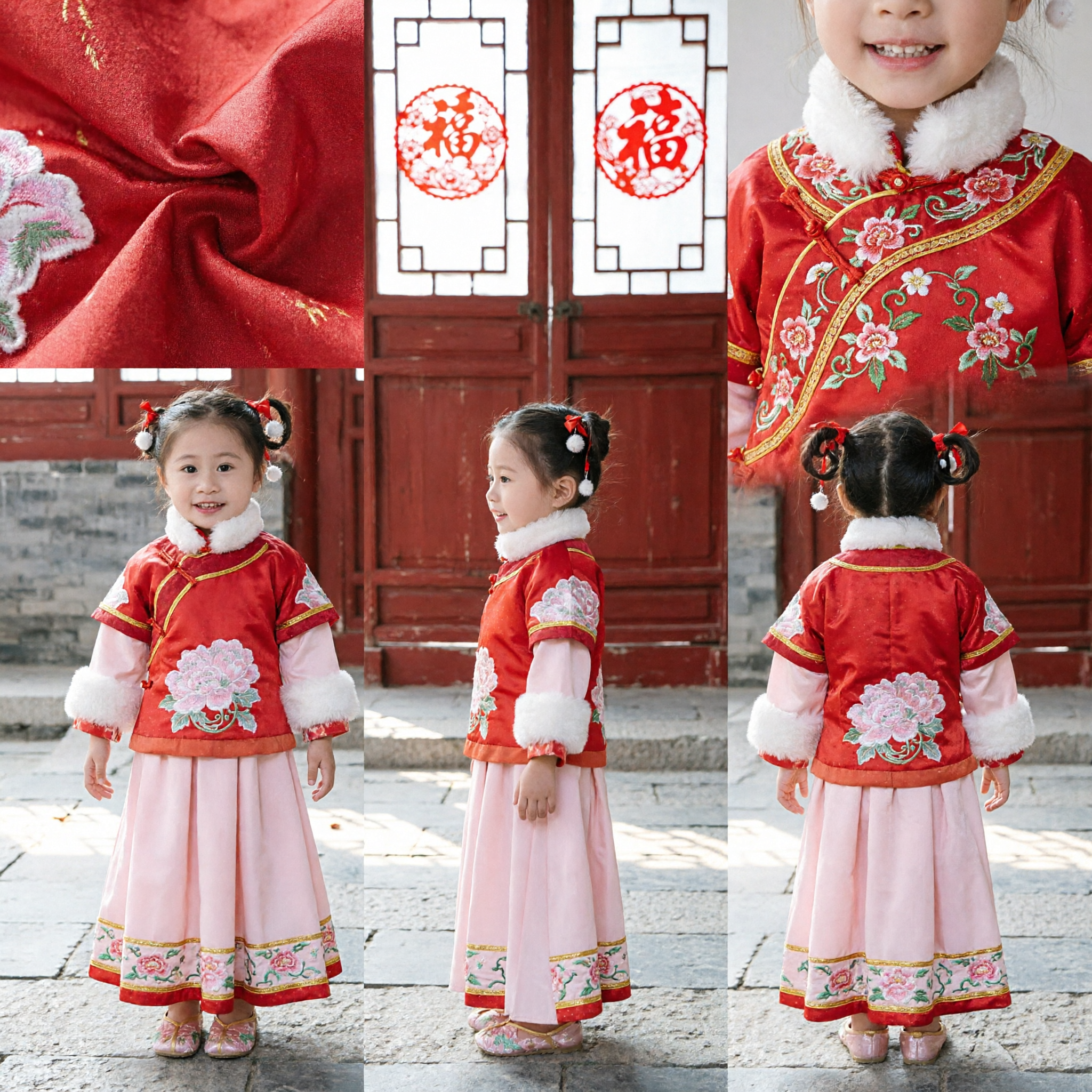 Traditional Chinese Winter Hanfu Set for Girls Red Fur Trim Tang Suit Top Pink Skirt Lunar New Year