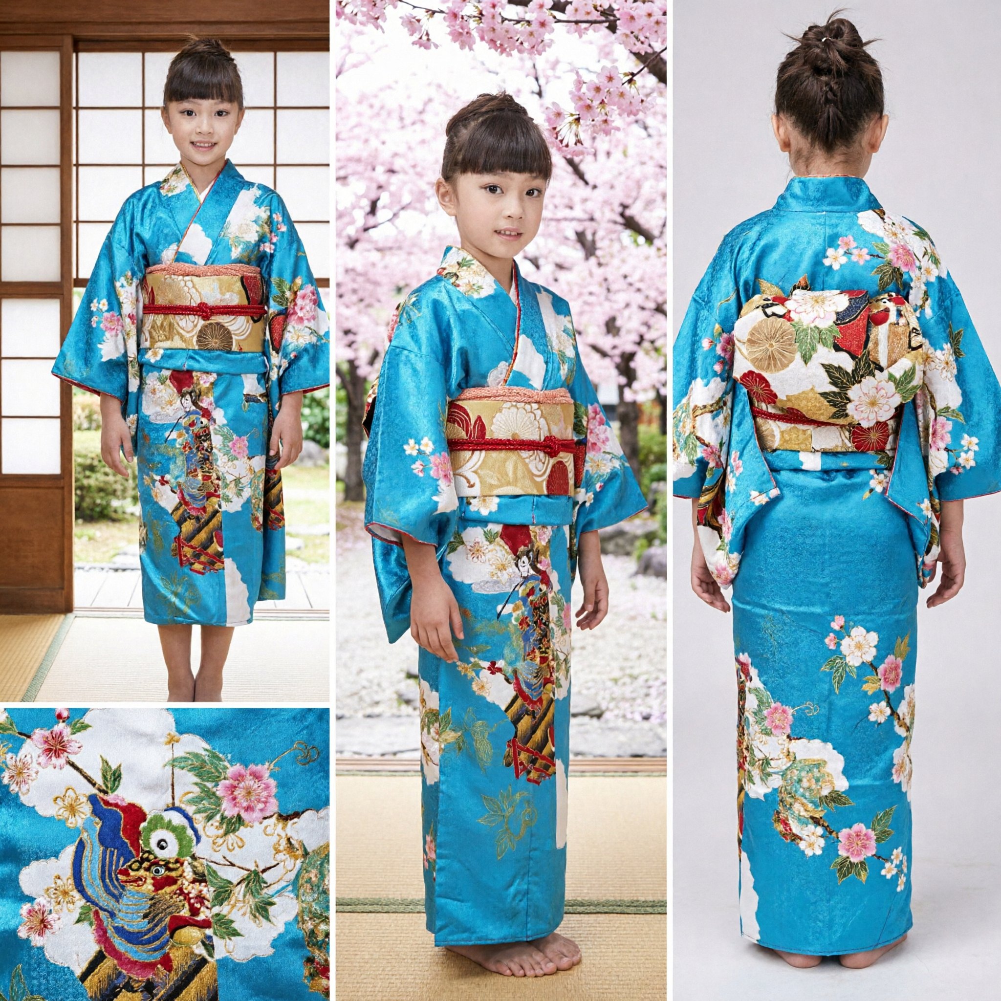 Traditional Japanese Blue Floral Kimono Costume for Girls Kids Dance Performance Festival Outfit