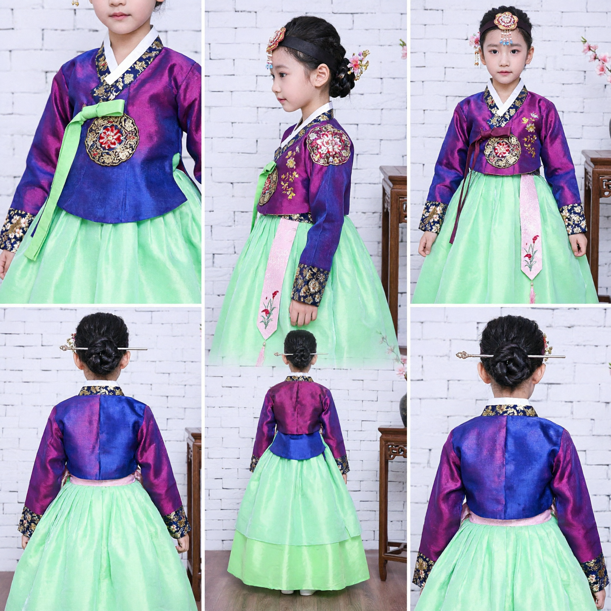 Girls Traditional Korean Hanbok Set Purple Floral Top Green Skirt Kids Costume for Festival Wedding