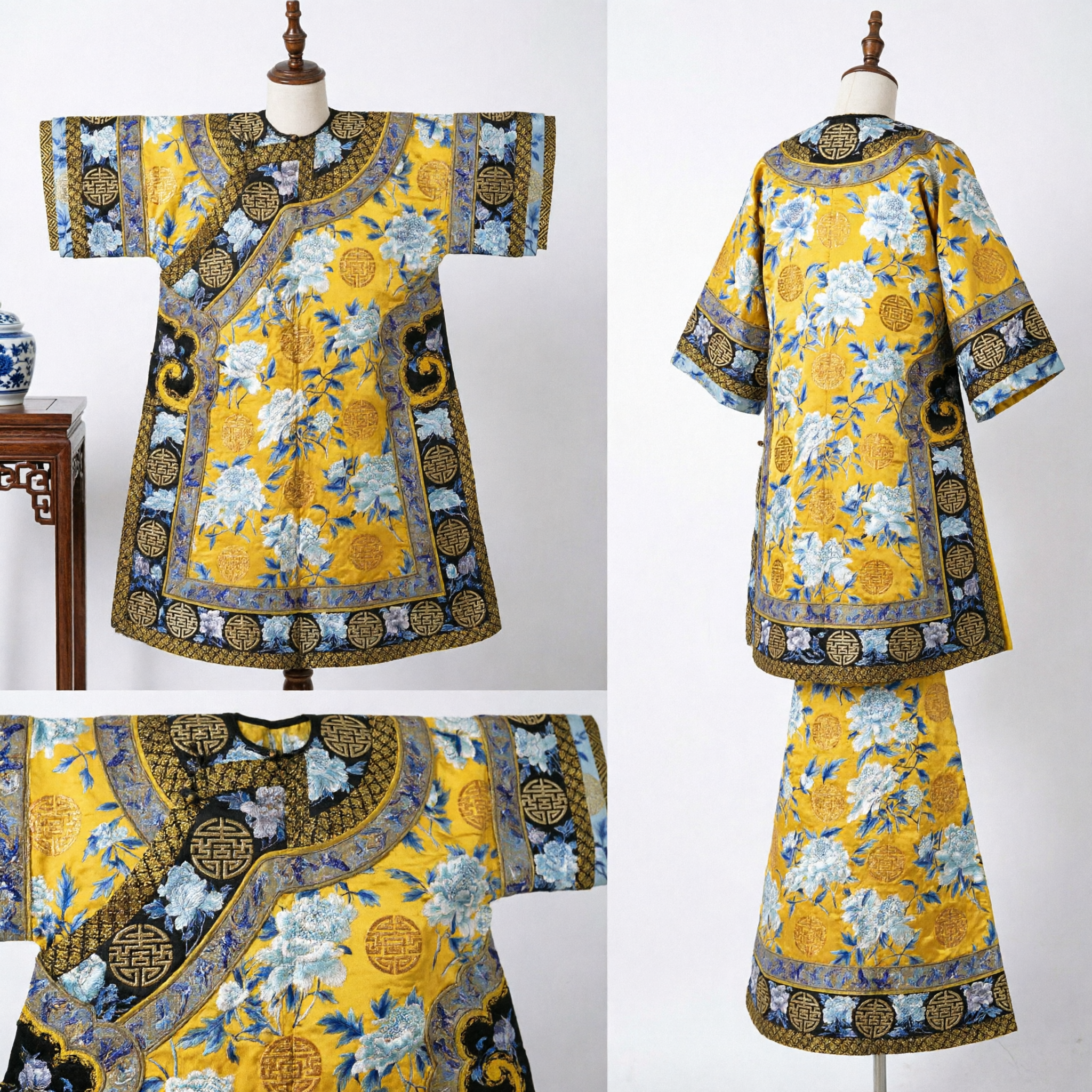 Traditional Chinese Qing Dynasty Imperial Yellow Robe Embroidered Peony Costume for Men Historical Stage Performance