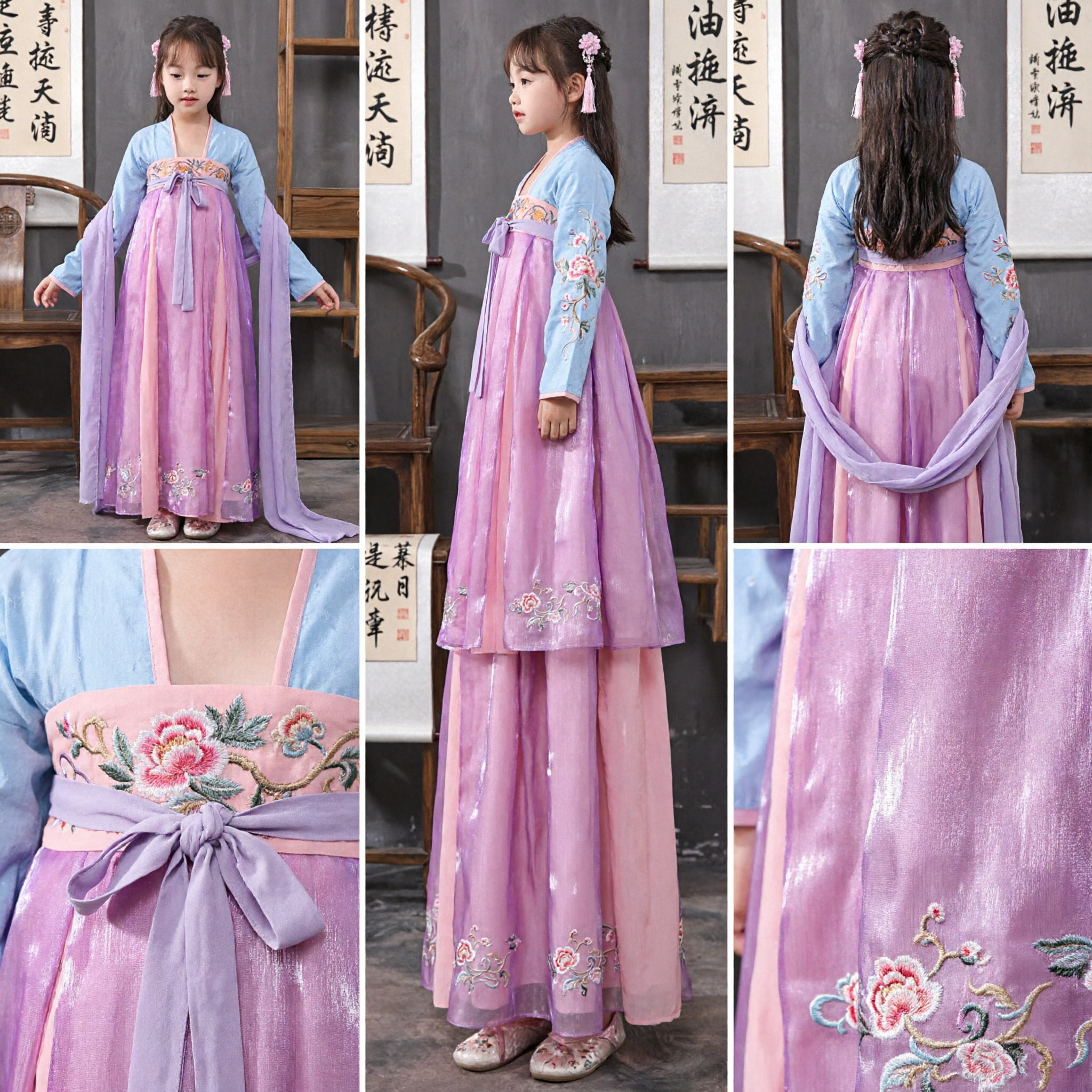 Kids Girls Traditional Chinese Hanfu Tang Dynasty Fairy Dress Ancient Costume for Dance Performance