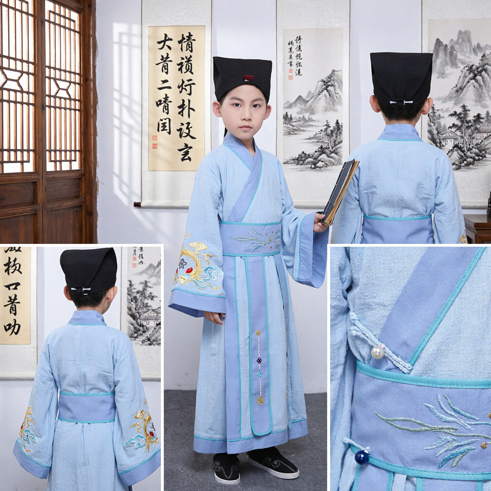 Boys Traditional Chinese Hanfu Costume Song Dynasty Scholar Robe Ancient Clothing for Kids Performance