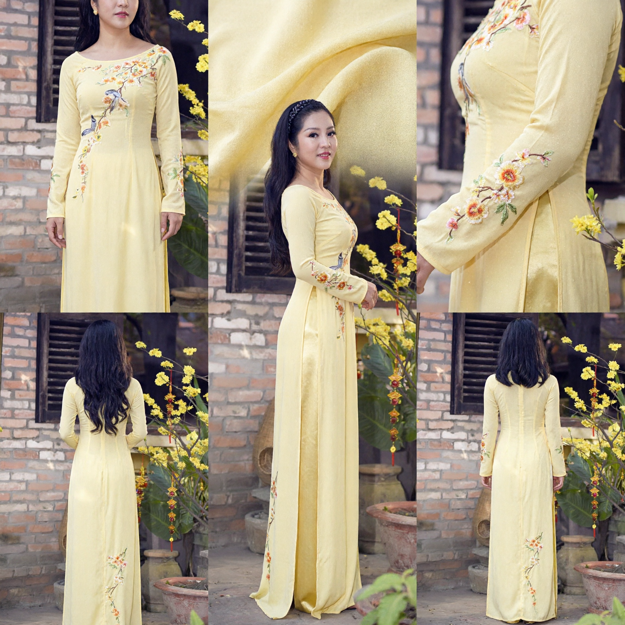 Elegant Yellow Vietnamese Ao Dai Traditional Long Dress with Floral Bird Embroidery for Women Formal Events