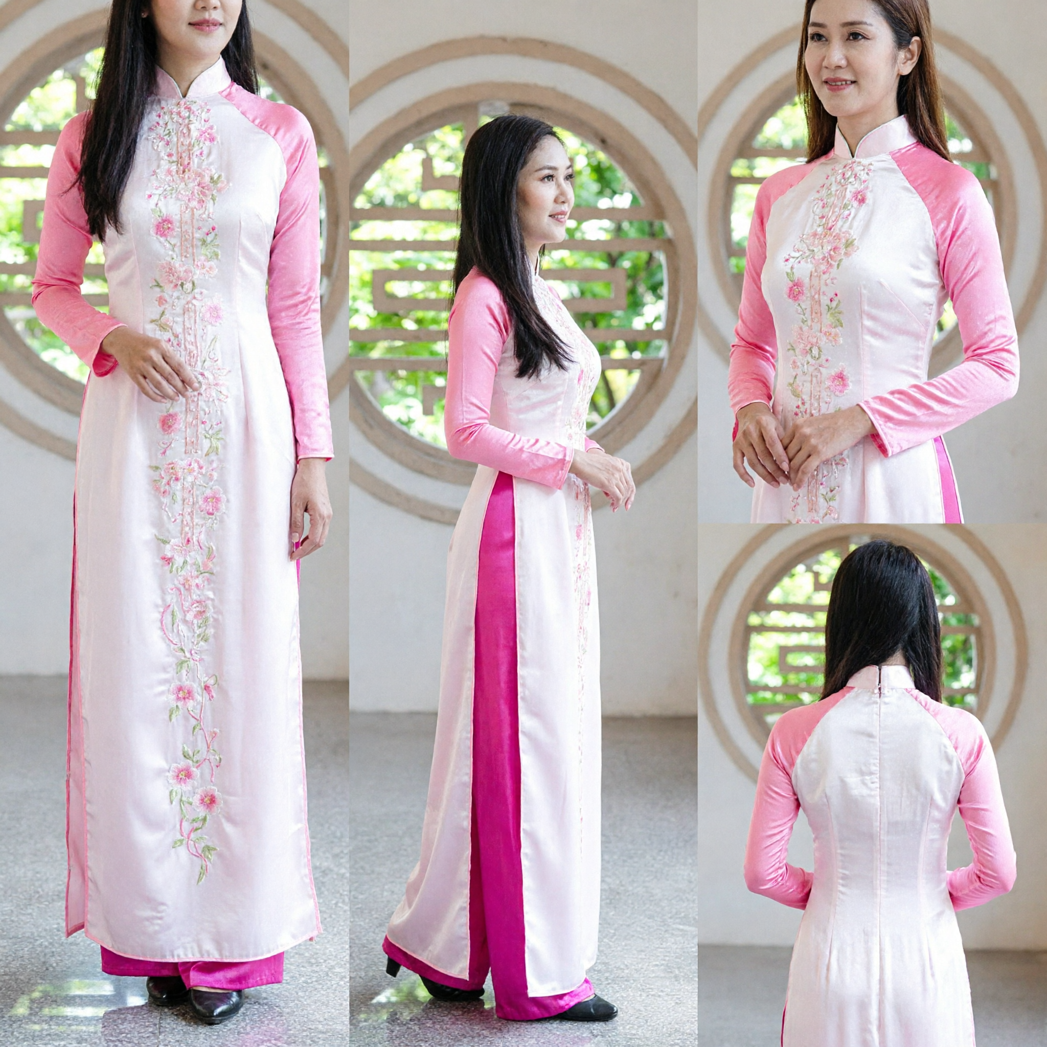 Elegant Traditional Vietnamese Ao Dai Dress for Women Pink White Floral Embroidery Wedding Costume