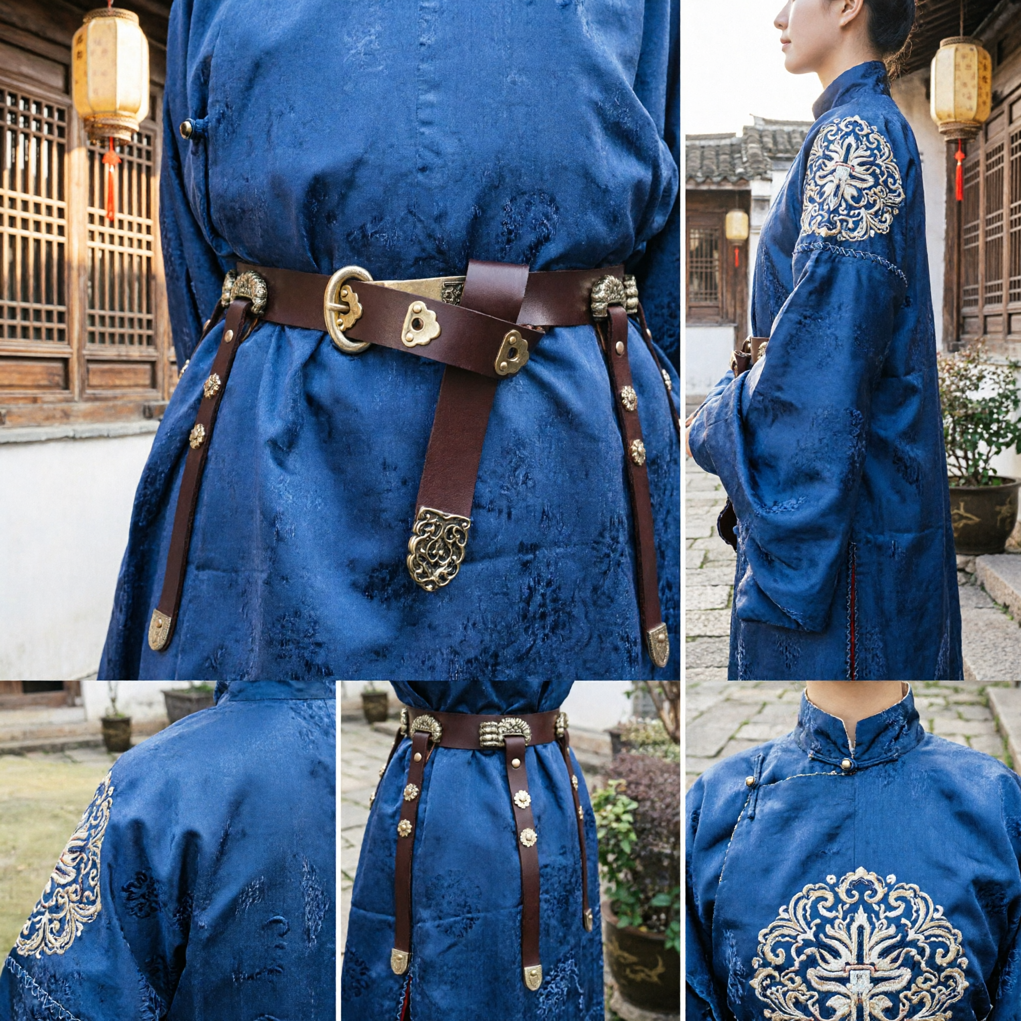 Traditional Chinese Hanfu Leather Waist Belt Ancient Costume Accessory with Brass Buckles for Historical Cosplay