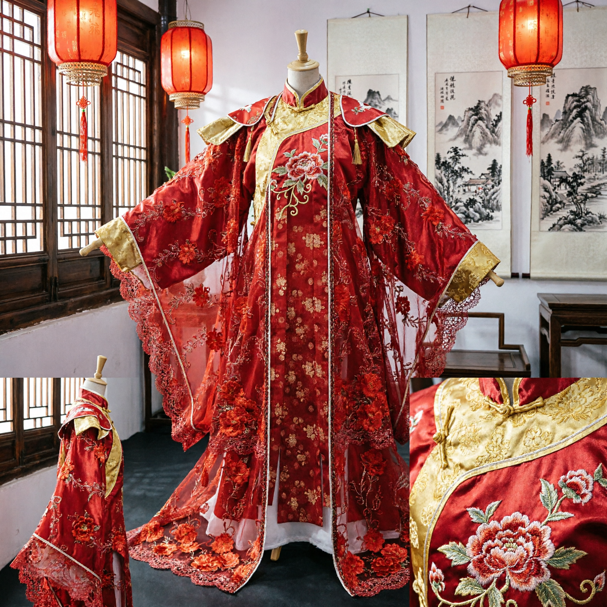Traditional Chinese Red Wedding Dress for Bride with Embroidered Sheer Cape and Gold Floral Ancient Costume