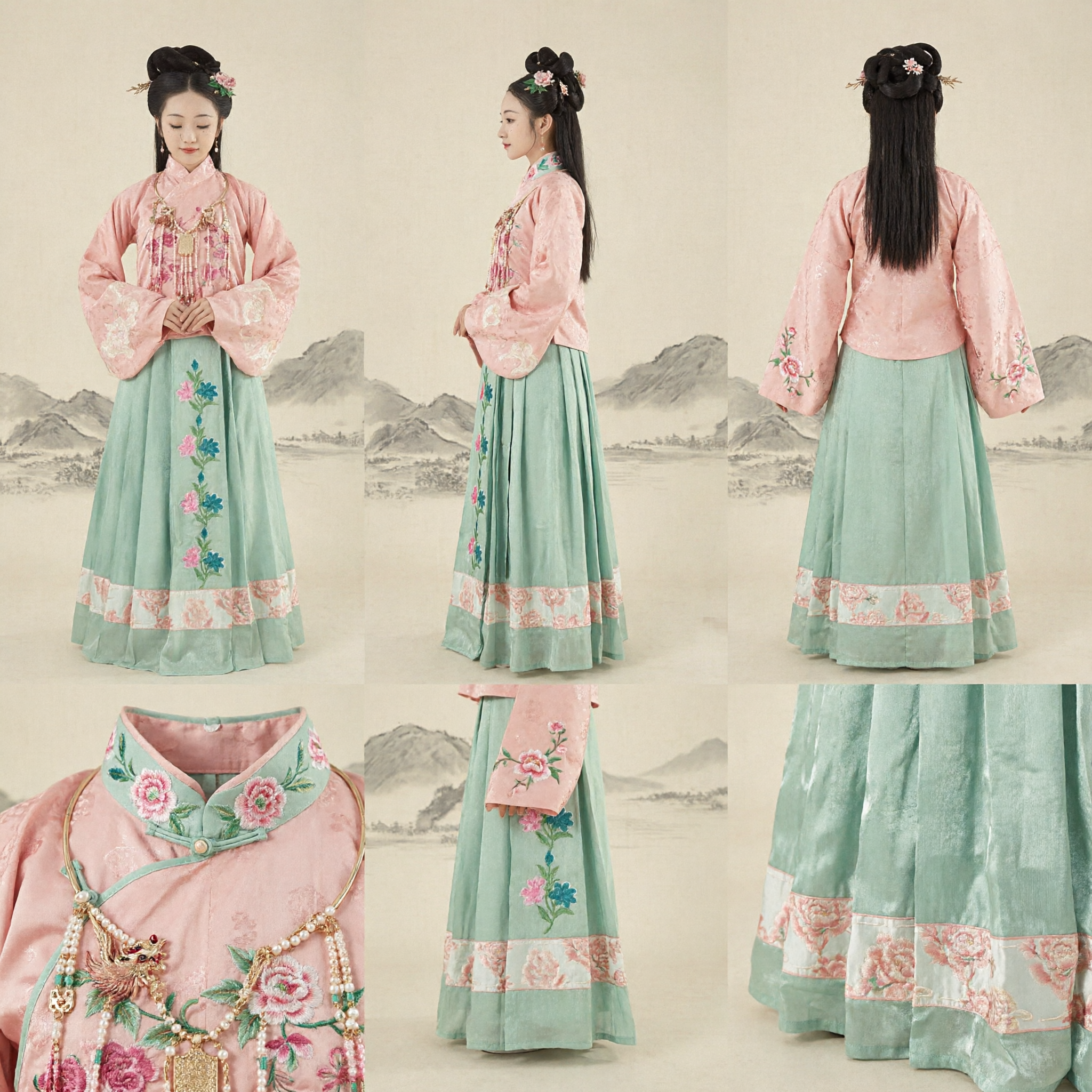 Traditional Chinese Hanfu Costume for Girls Kids Ancient Clothing Pink Embroidered Top Green Pleated Skirt Set