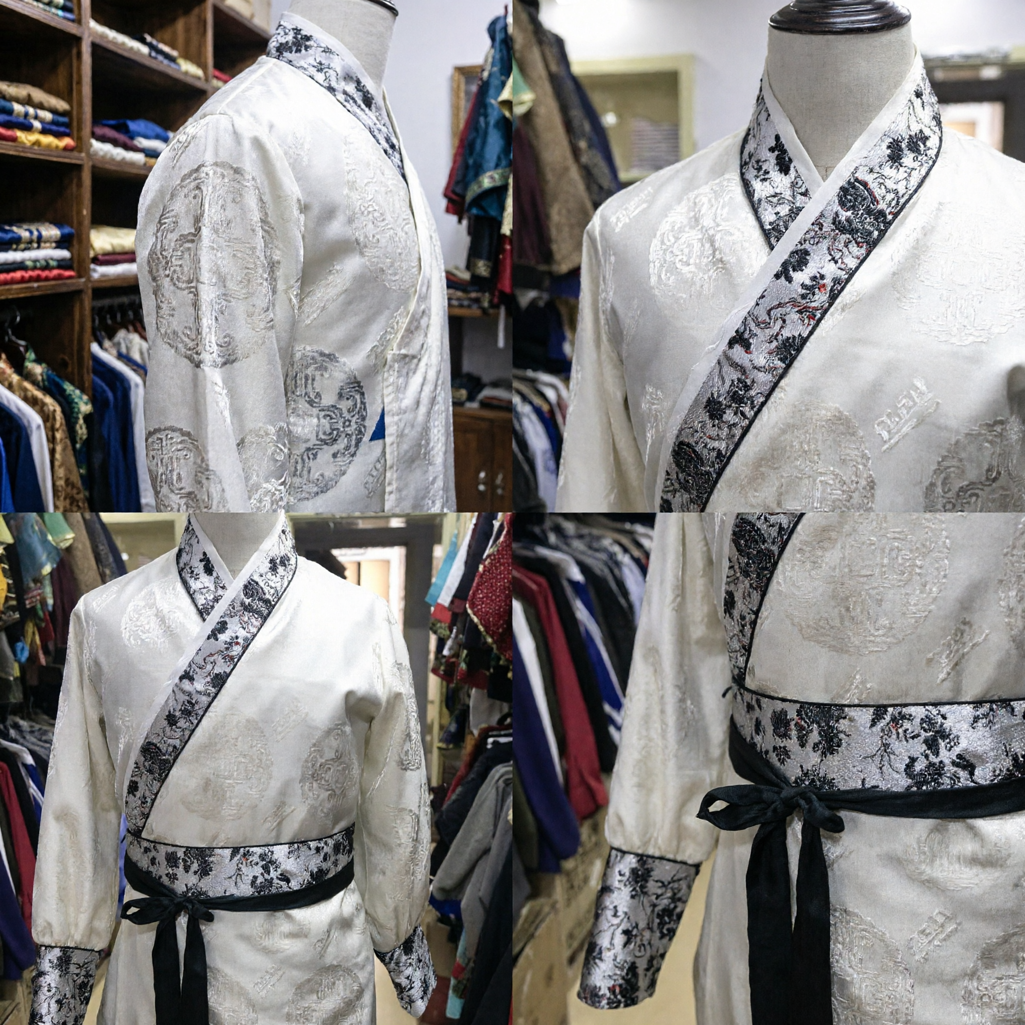 Traditional Chinese Hanfu Men's White Robe Ancient Cross Collar Costume Black Floral Trim for Cosplay
