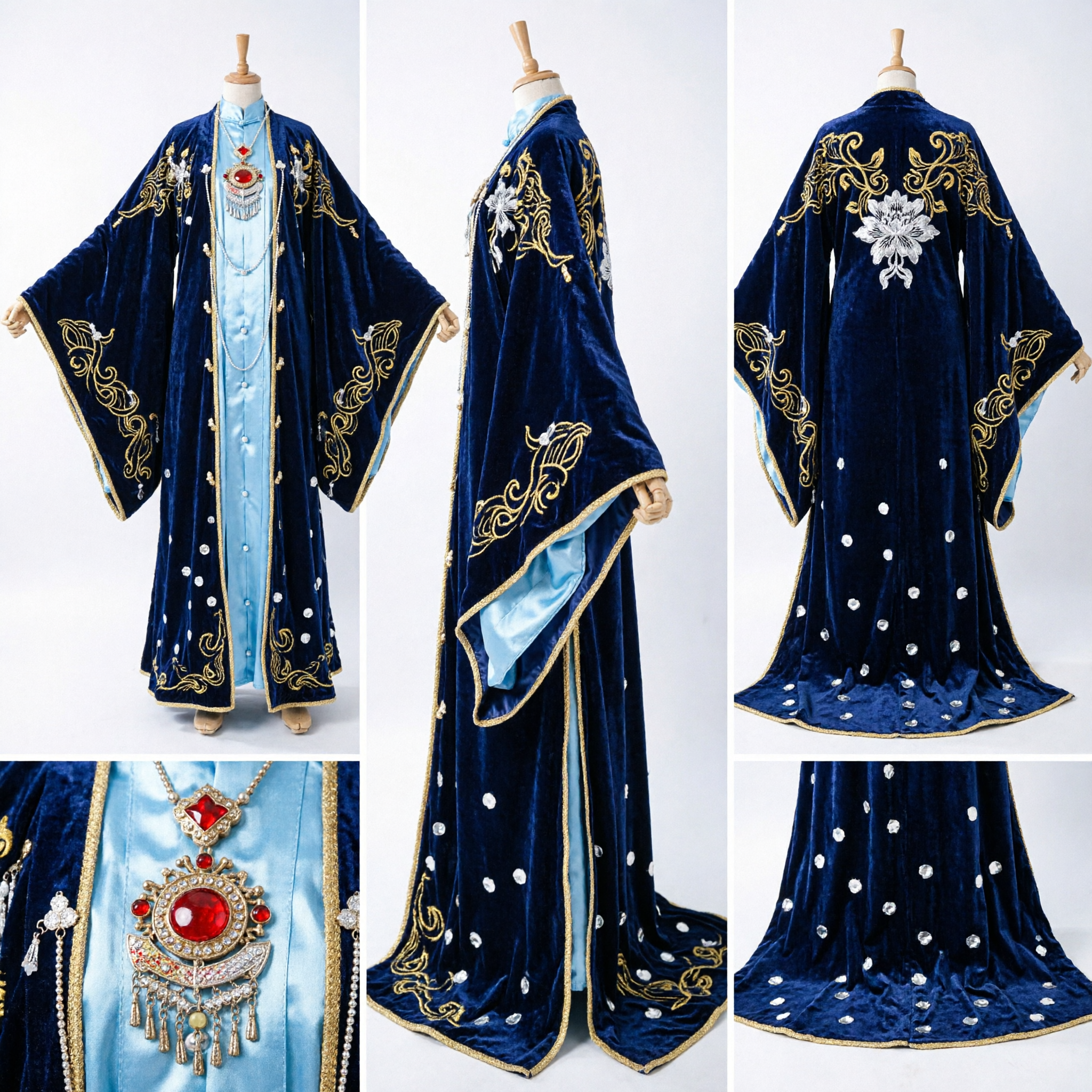 Traditional Chinese Hanfu Costume Ancient Royal Princess Navy Blue Velvet Robe with Gold Embroidery for Cosplay