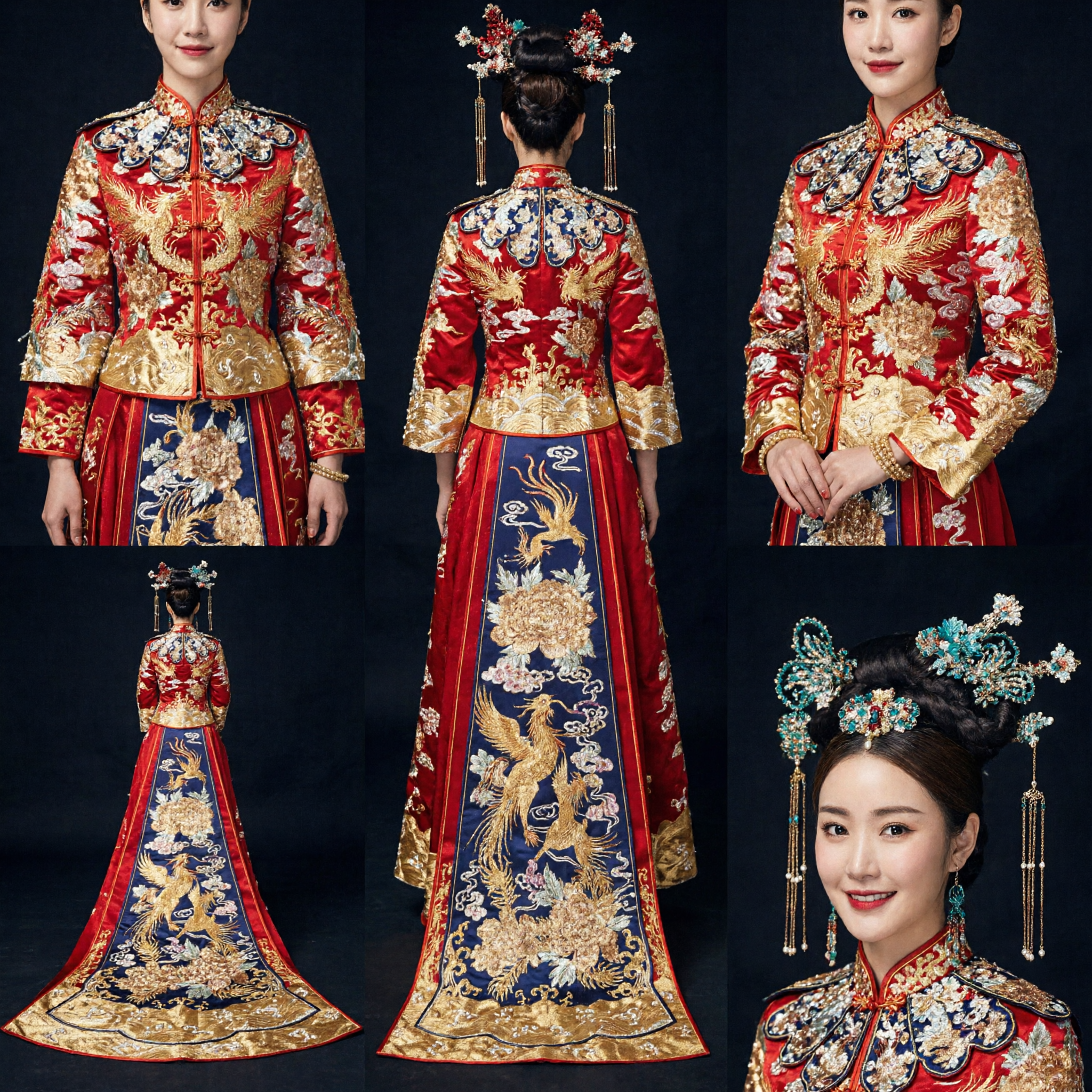 Elegant Red Chinese Wedding Gown Xiuhe Fu with Gold Dragon and Phoenix Embroidery for Brides