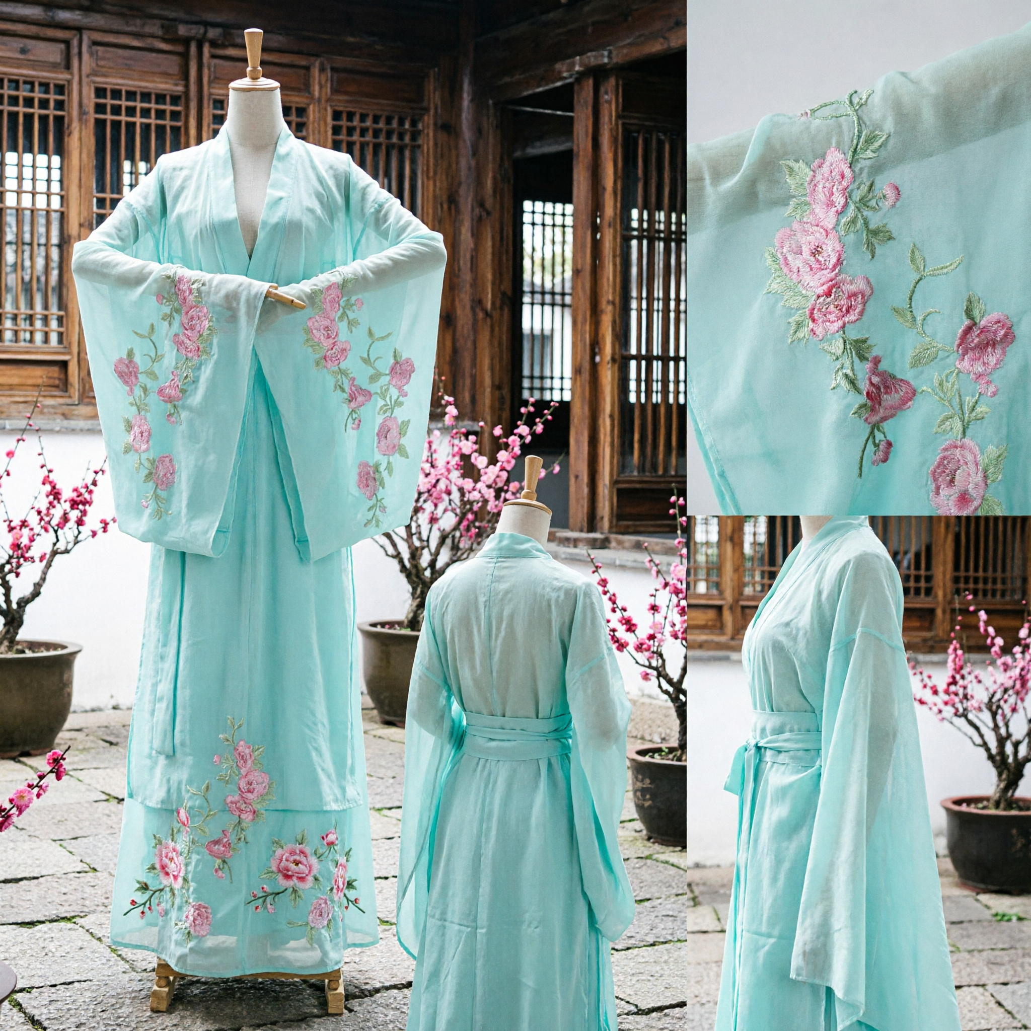 Traditional Chinese Hanfu Ancient Costume Light Blue Floral Embroidery Wide Sleeve Robe for Women Photography