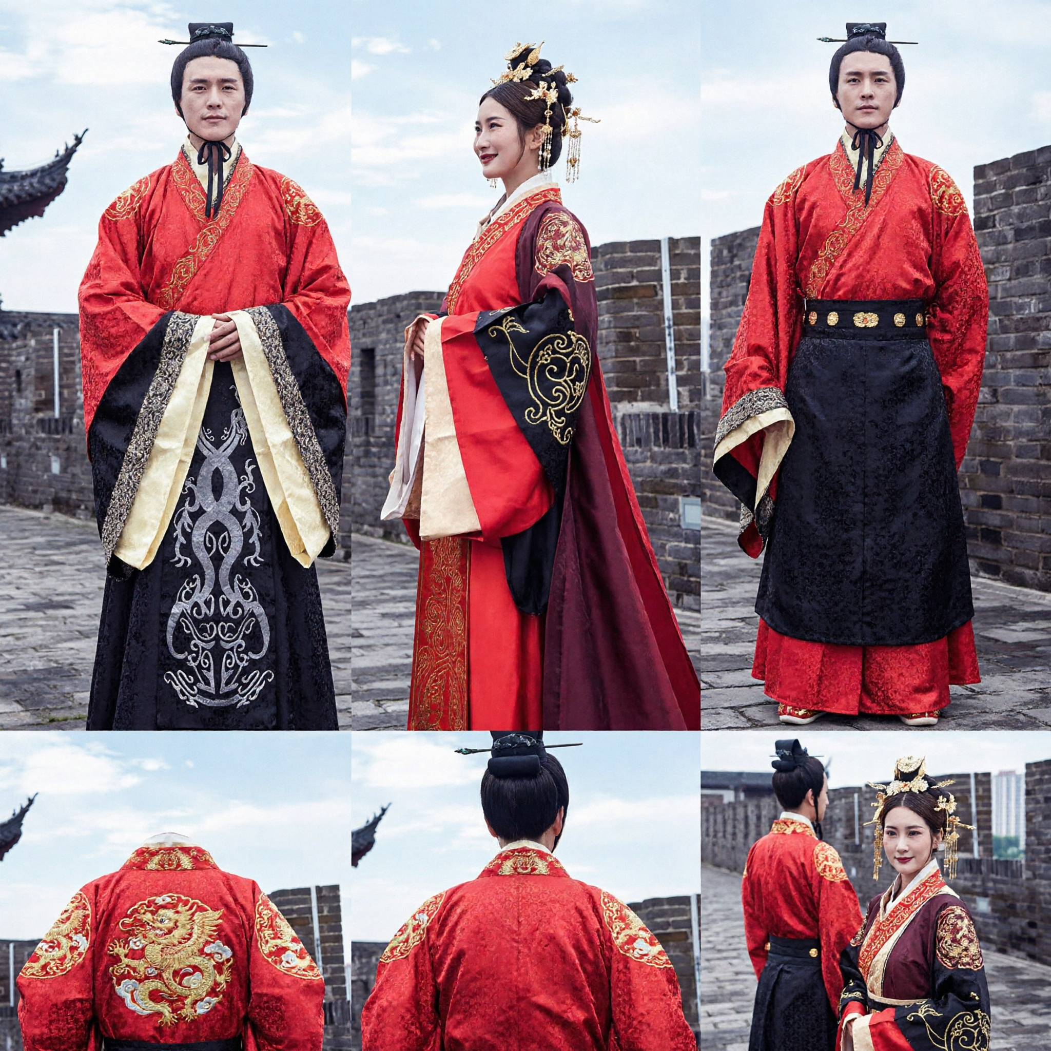 Traditional Chinese Hanfu Wedding Costume for Couples Ancient Han Dynasty Style Red and Black Formal Wear
