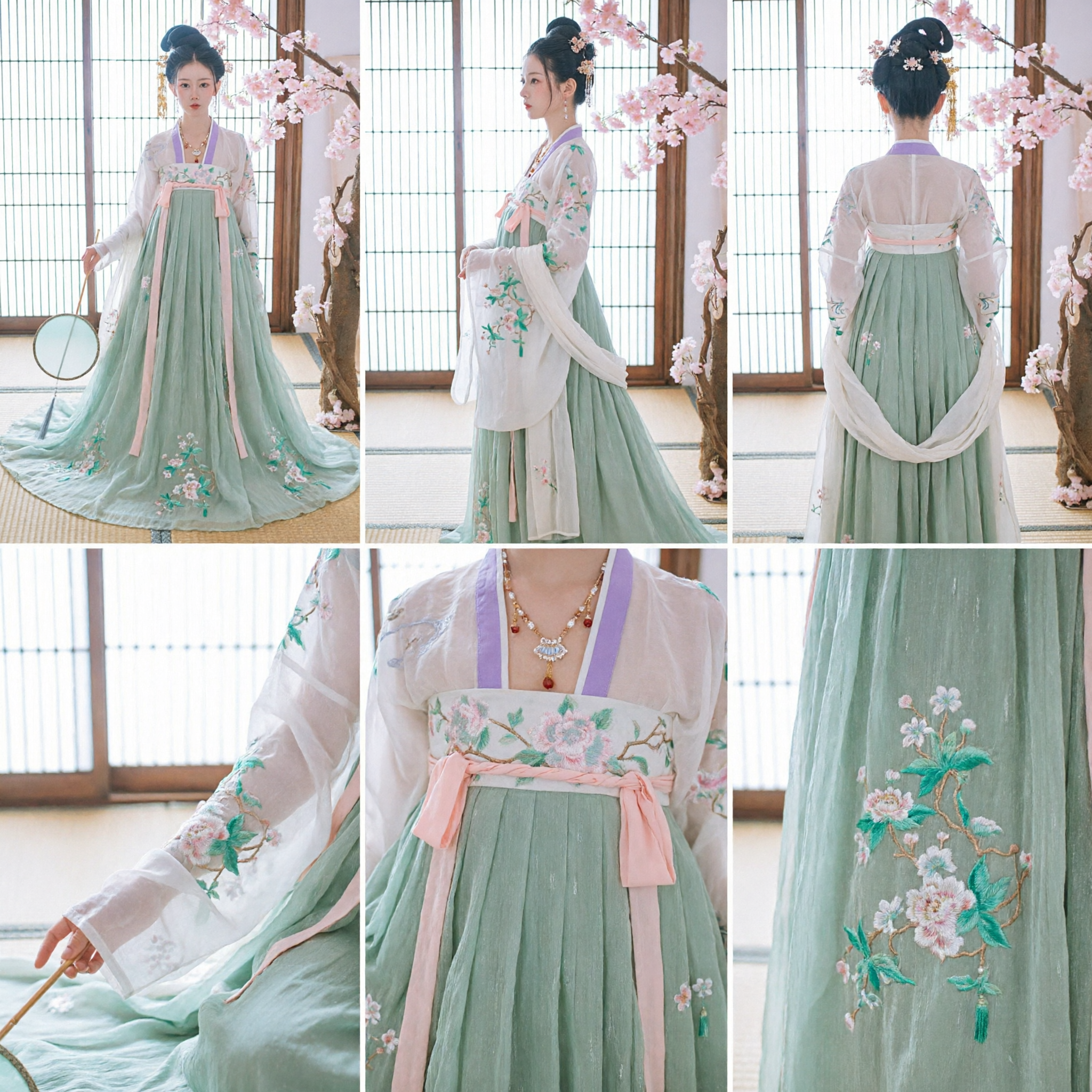Elegant Green Traditional Chinese Hanfu Tang Dynasty Embroidered Ruqun Set Ancient Costume for Women Photography