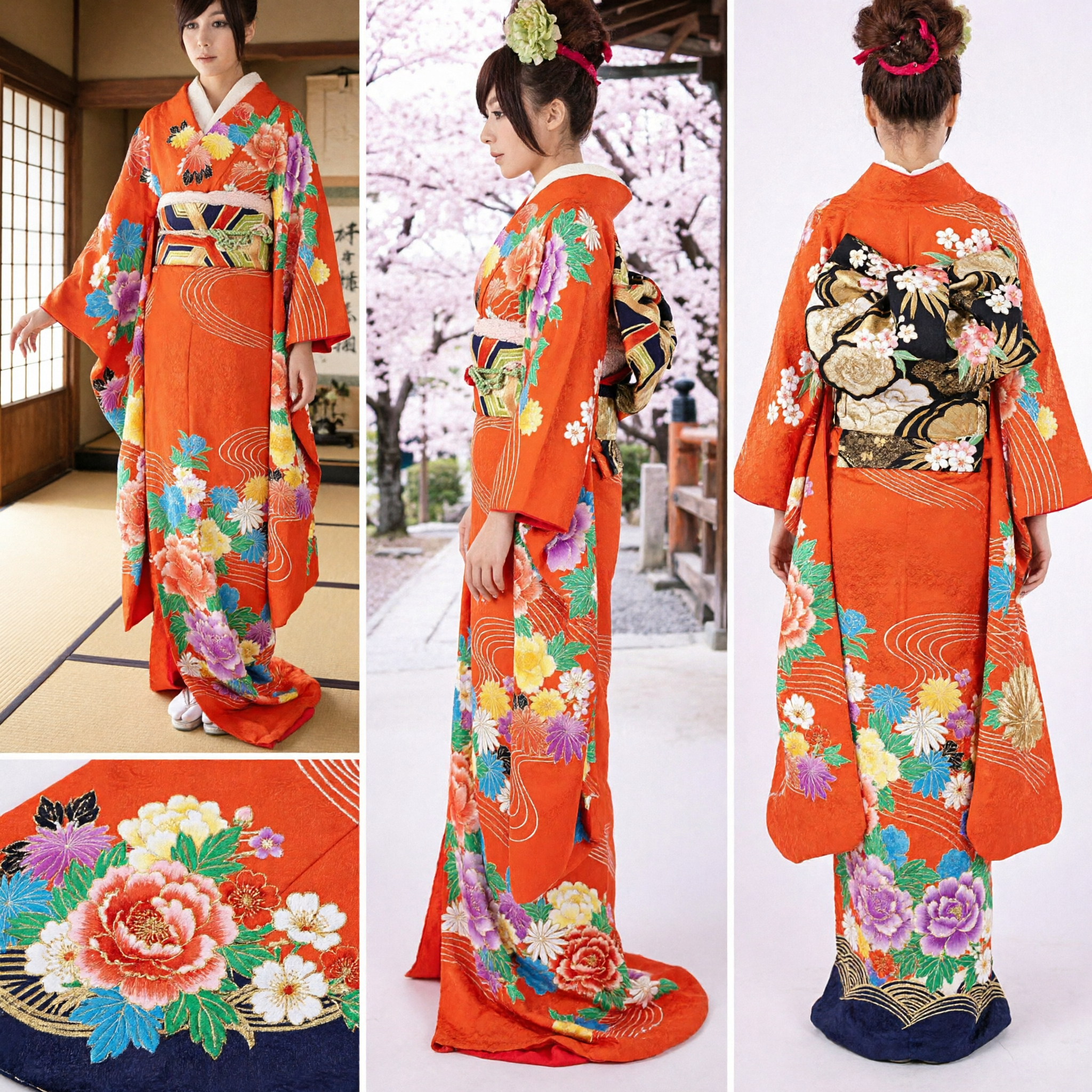 Traditional Japanese Orange Floral Kimono Furisode Costume for Women Geisha Maiko Stage Performance Dance
