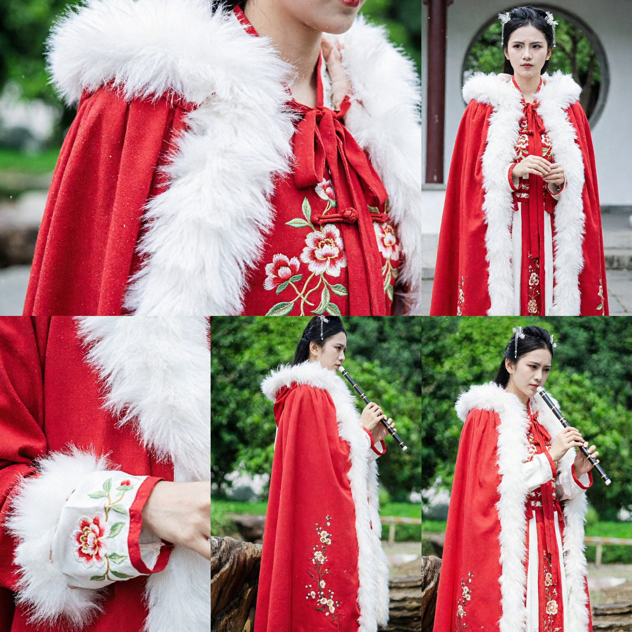 Red Winter Hanfu Cloak with White Fur Trim Traditional Chinese Ancient Costume Embroidered Cape for Photography