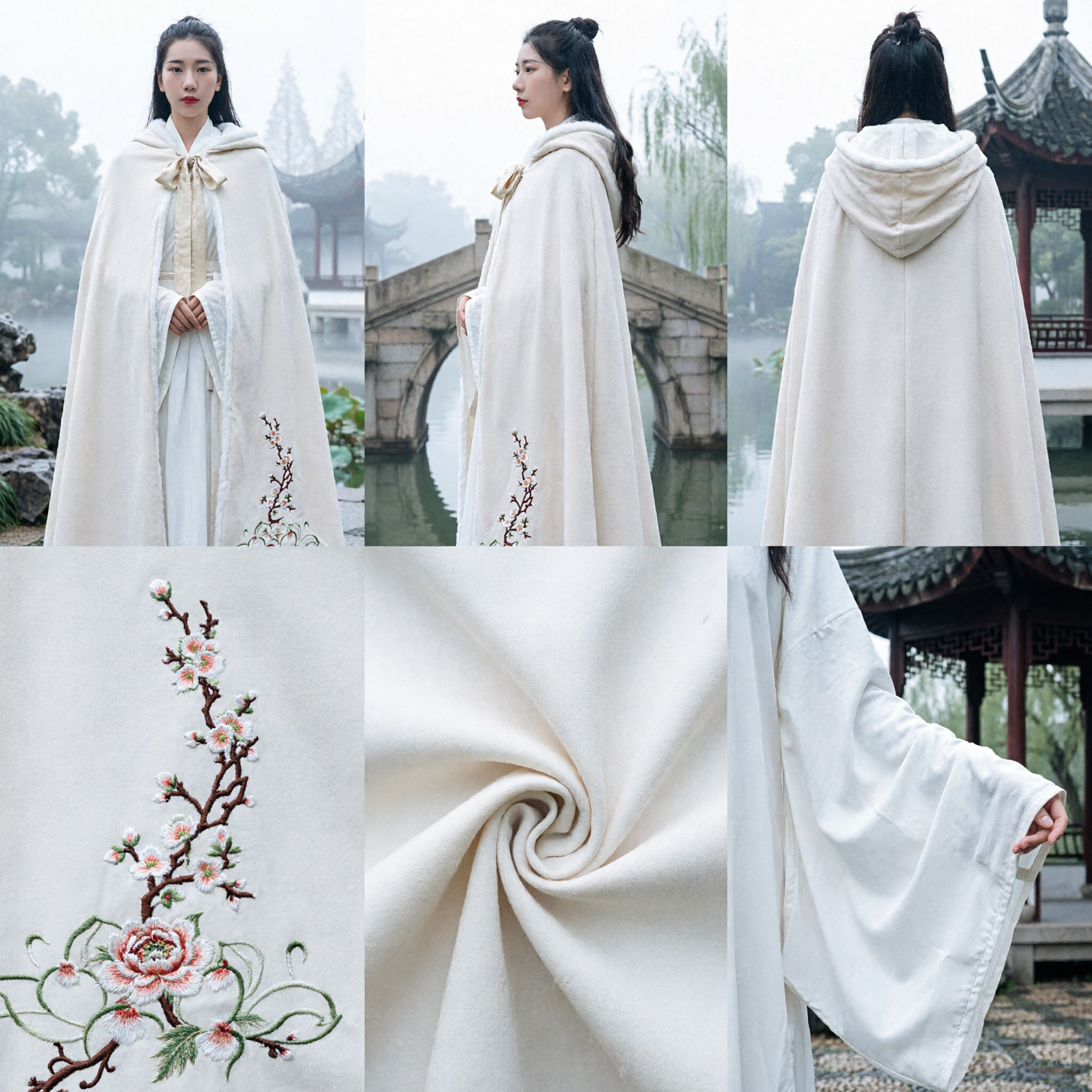 Traditional Chinese Hanfu White Winter Cloak Cape with Plum Blossom Embroidery Ancient Costume for Women