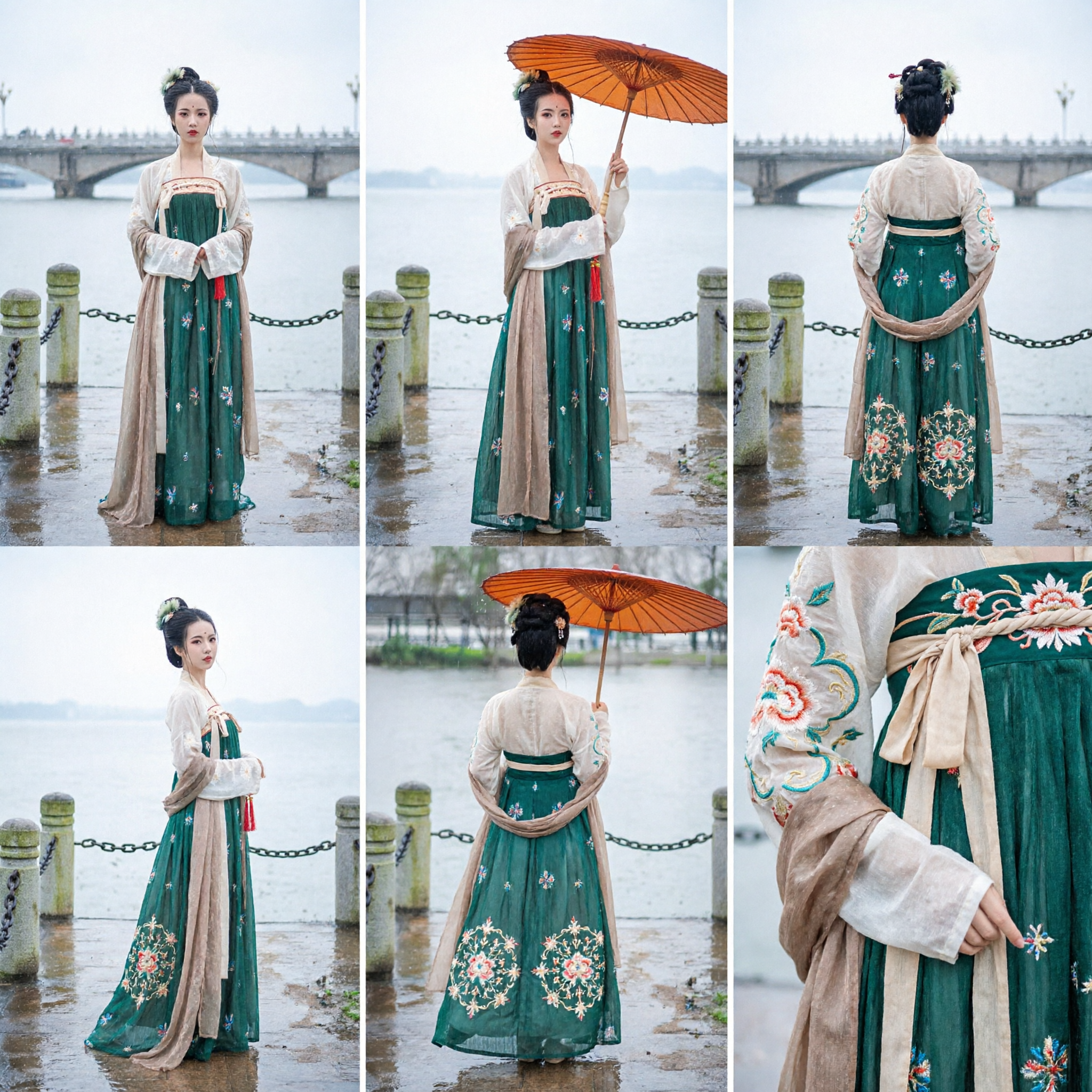 Traditional Chinese Tang Dynasty Hanfu Costume Green Floral Embroidered Skirt Set for Women Historical Photography