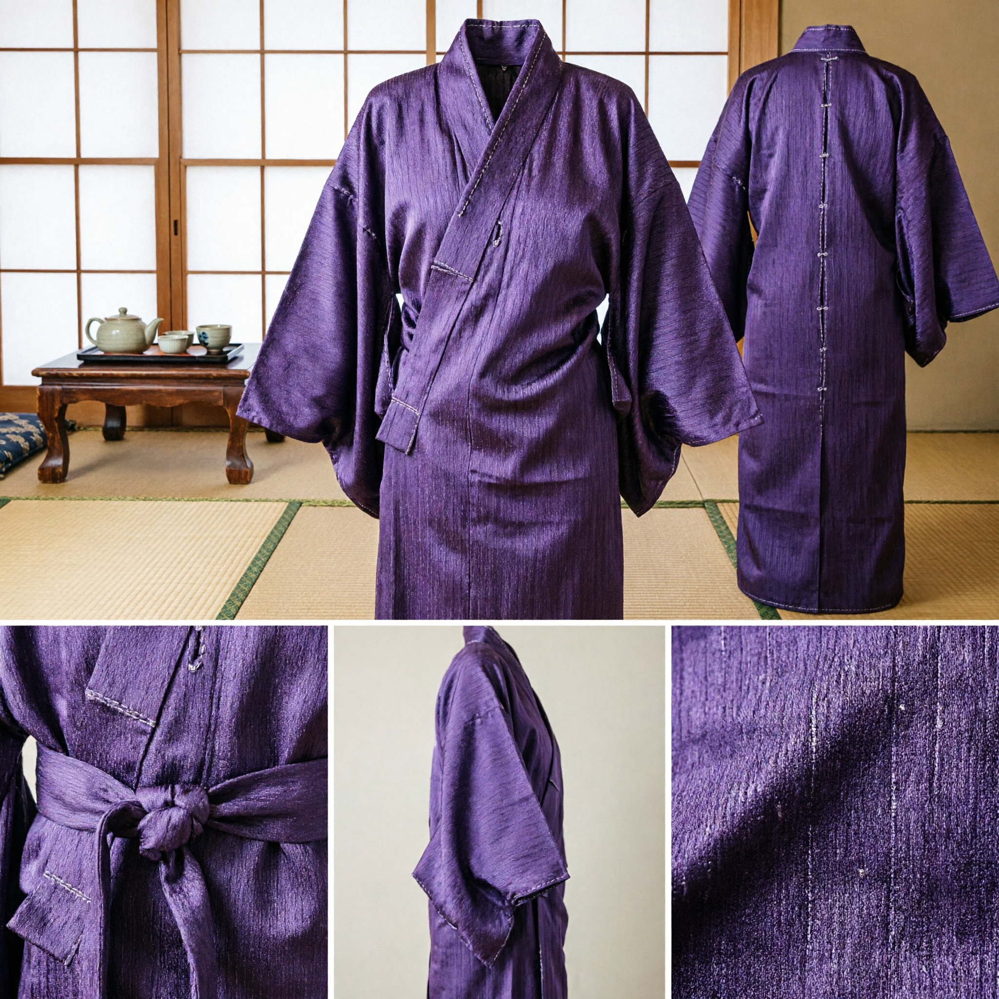 Purple Pinstripe Traditional Asian Kimono Robe for Men and Women Meditation Martial Arts Costume