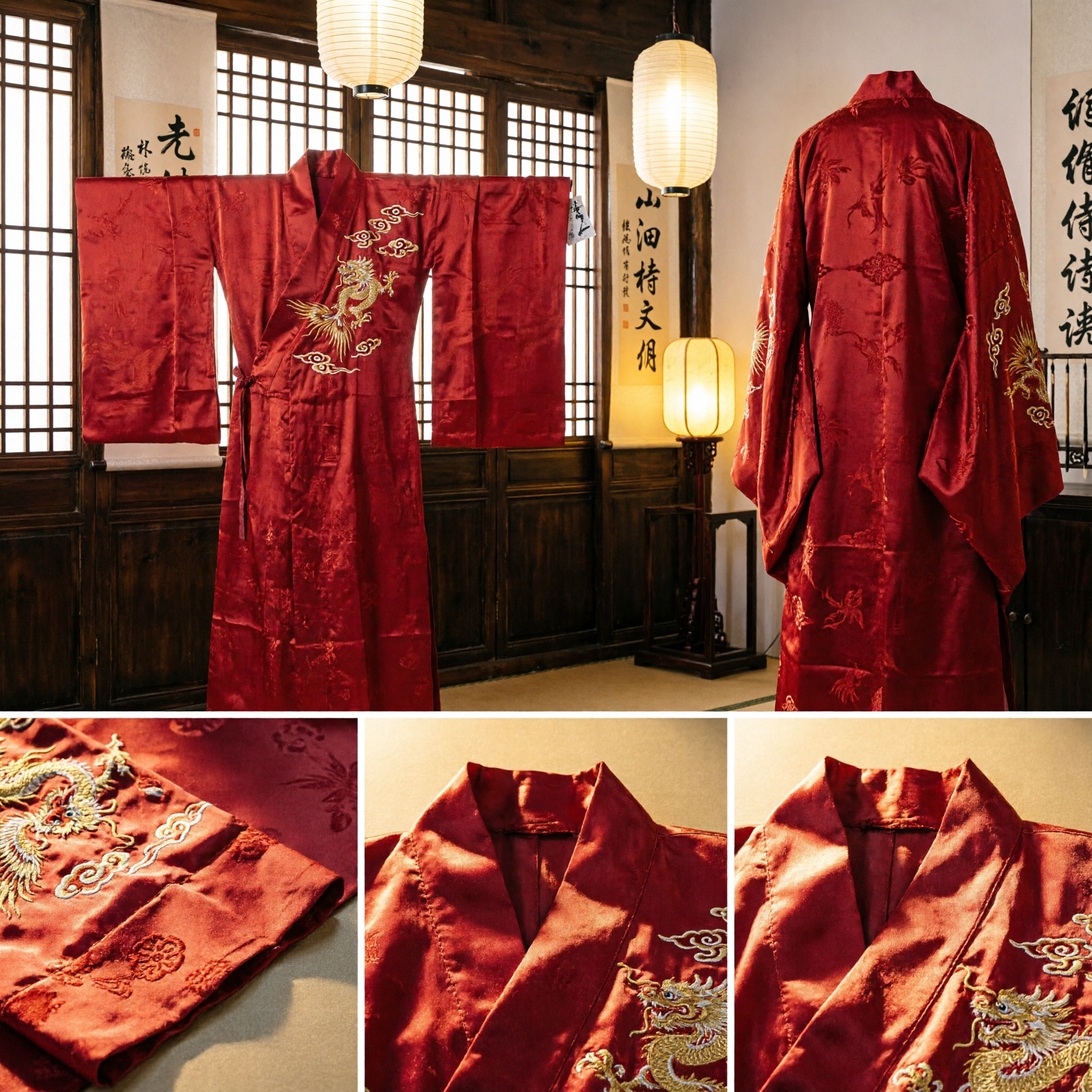 Traditional Chinese Red Silk Robe Men's Tang Suit Wedding Groom Ceremony Costume Long Jacket