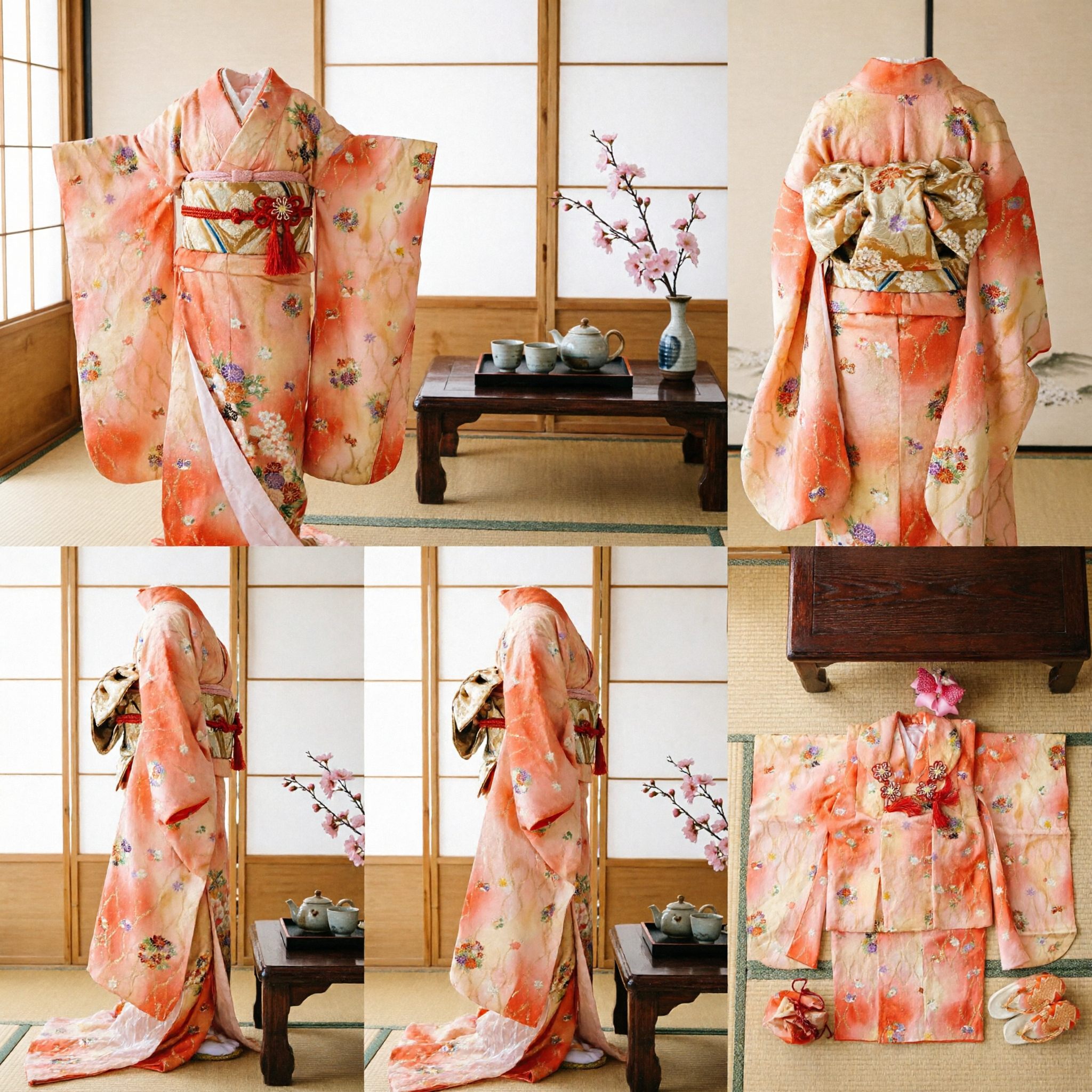 Traditional Japanese Kimono Set for Girls Orange Floral Pattern Formal Shichi-Go-San Costume with Hair Accessories