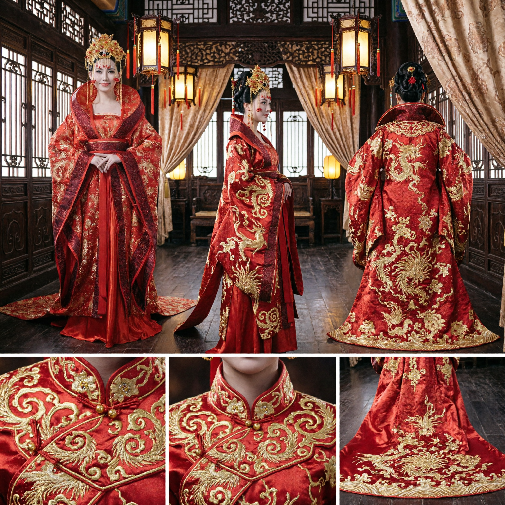 Traditional Chinese Wedding Dress Red Ancient Bride Hanfu Gown with Gold Embroidery and Phoenix Crown Costume