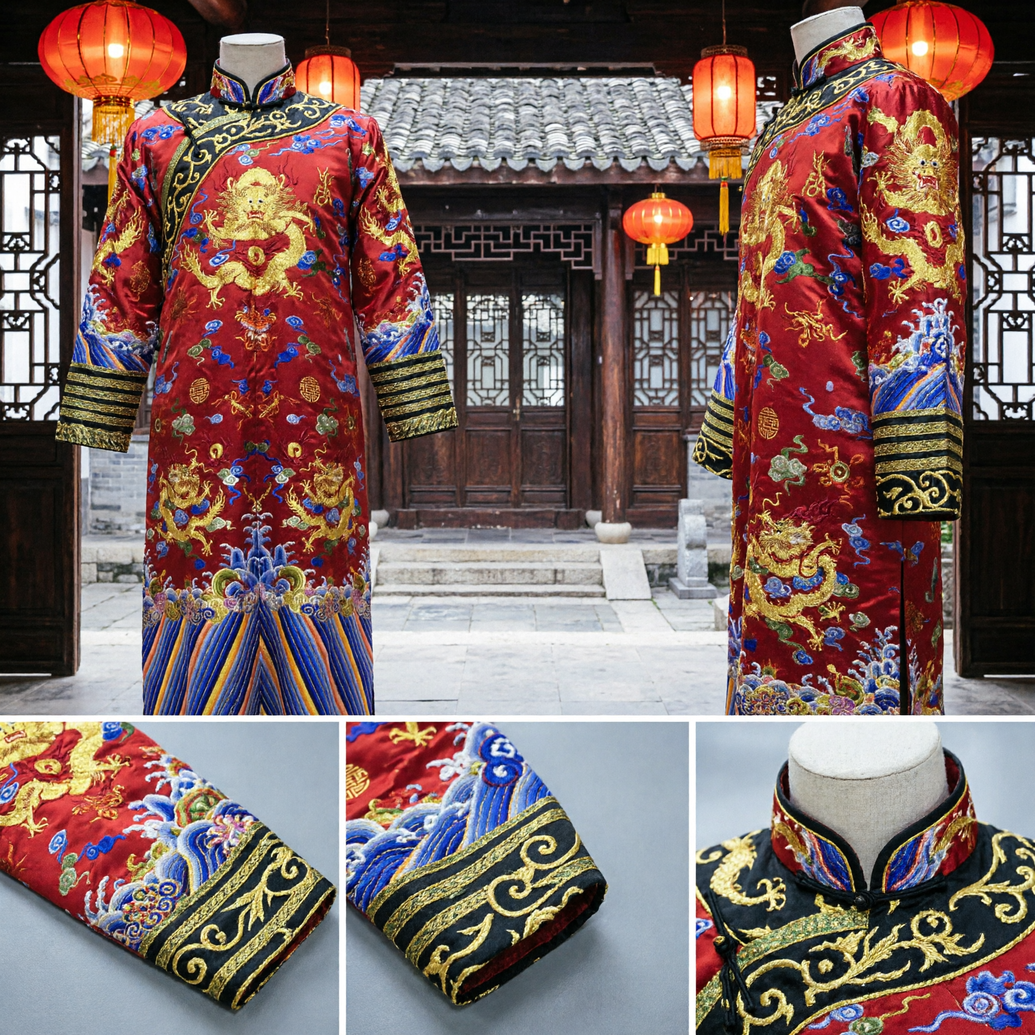 Traditional Chinese Red Dragon Robe Embroidered Peking Opera Costume for Men Stage Performance Wedding