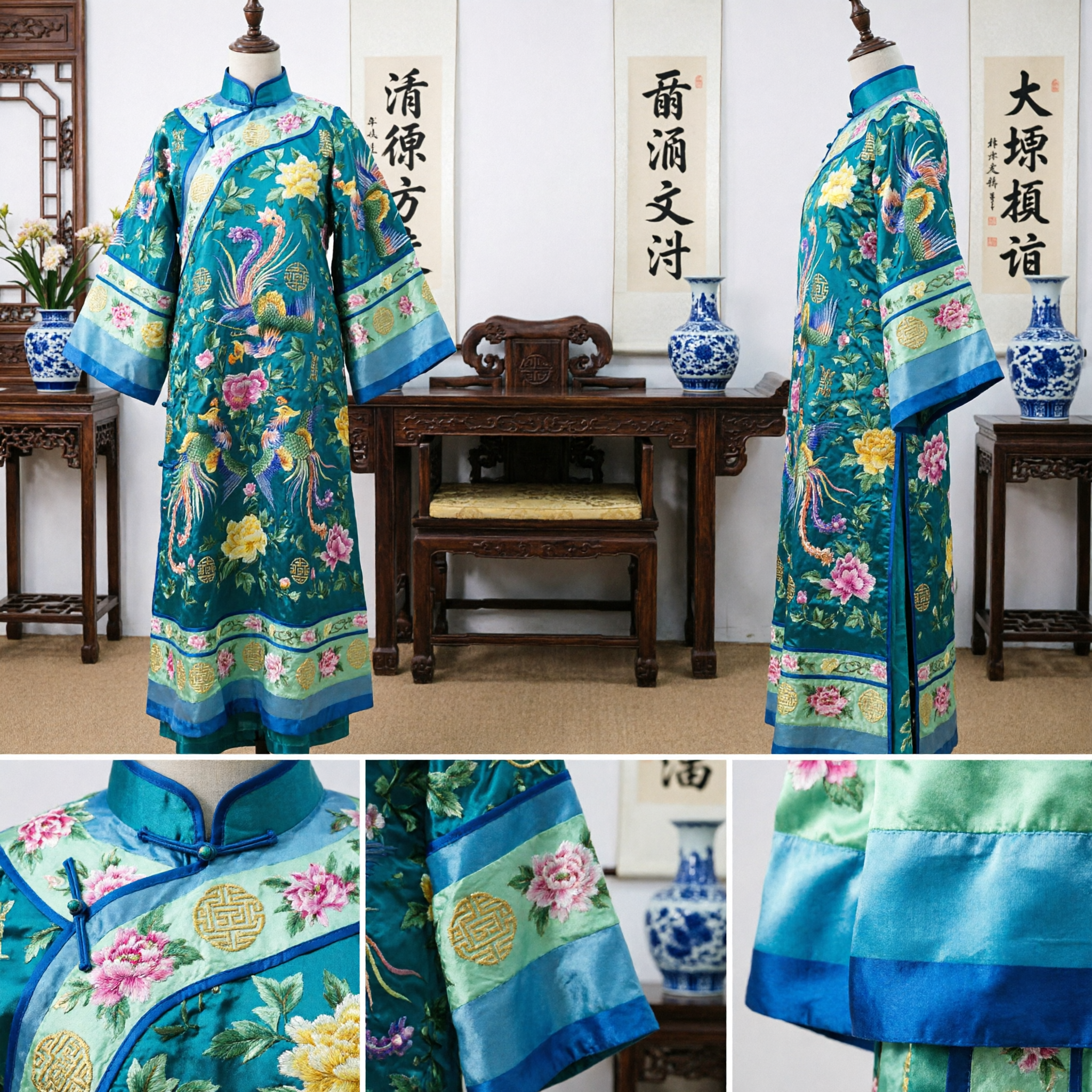 Traditional Chinese Blue Phoenix Embroidered Robe Ancient Qing Dynasty Wedding Costume for Women