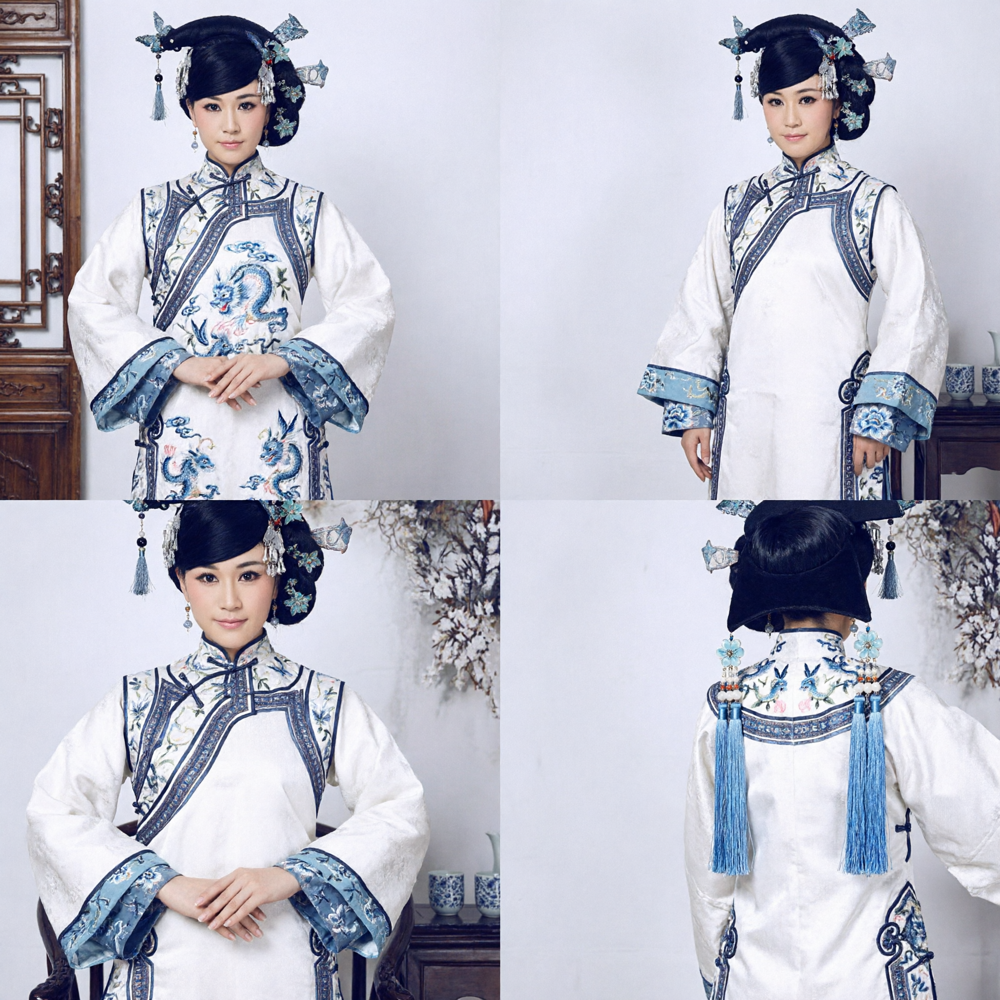 Ancient Chinese Qing Dynasty Palace Costume Blue and White Embroidered Manchu Traditional Dress for Women Cosplay