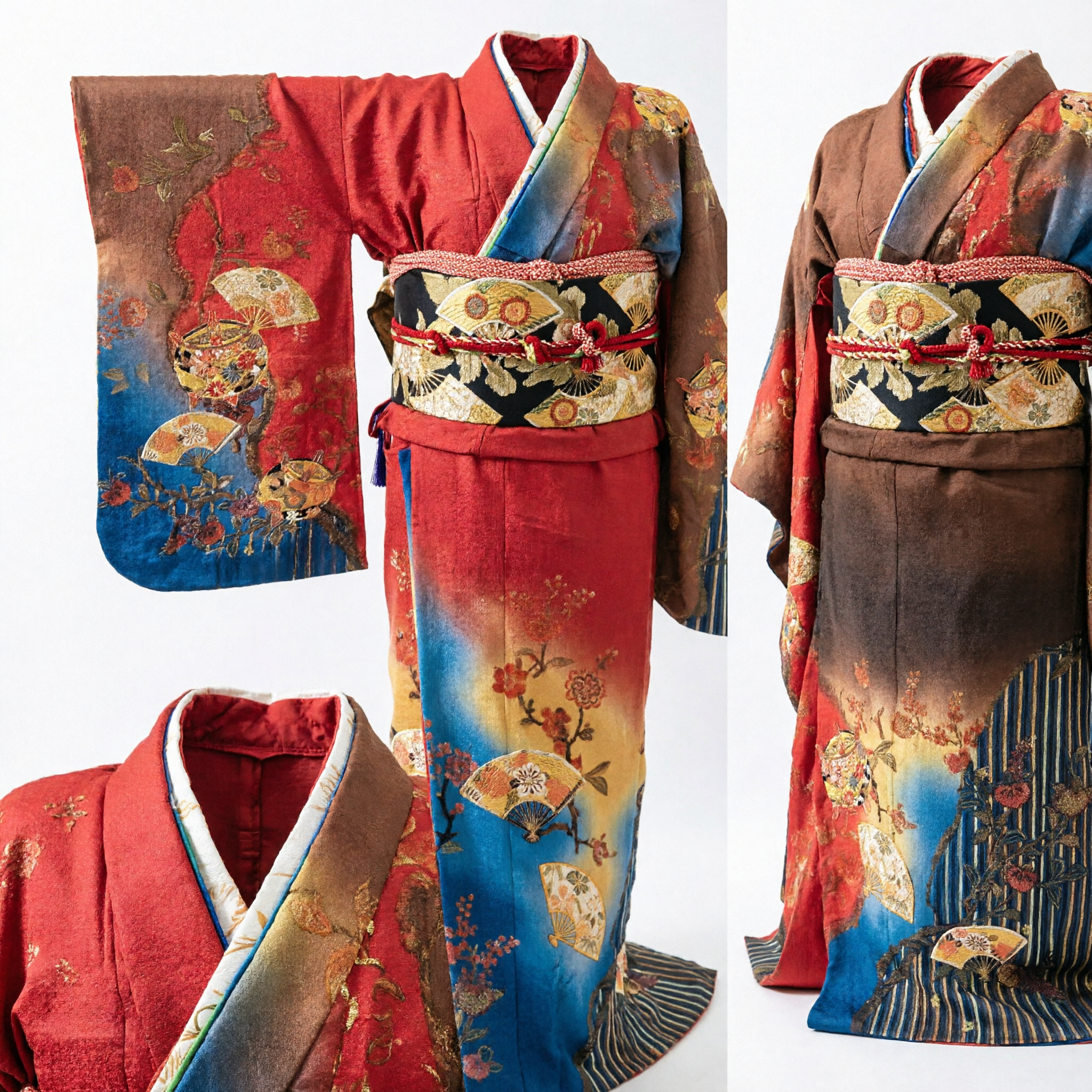 Elegant Red and Brown Japanese Kimono with Fan Motifs Traditional Formal Costume for Women