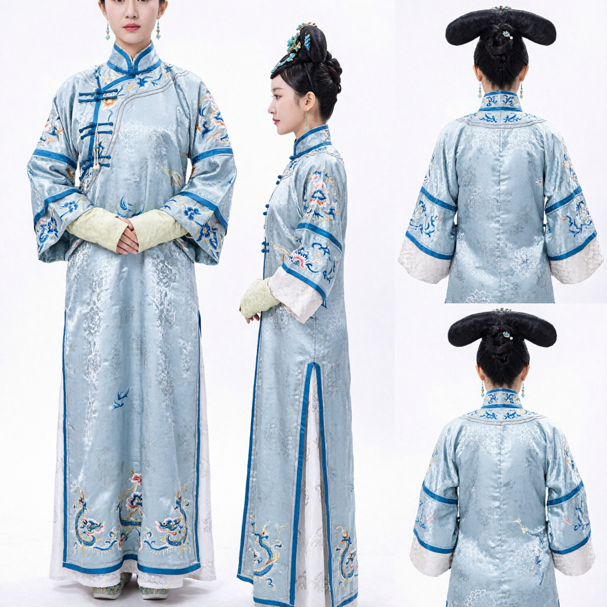 Traditional Chinese Qing Dynasty Manchu Princess Costume Light Blue Embroidered Robe Ancient Drama Cosplay Dress