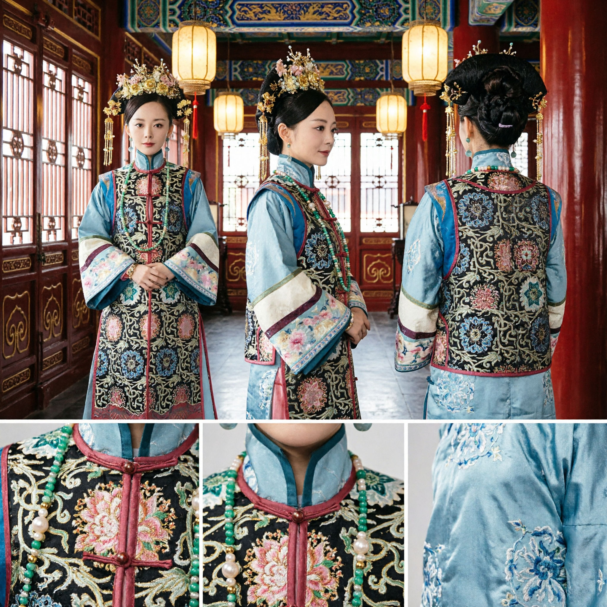 Traditional Chinese Qing Dynasty Manchu Noblewoman Costume Embroidered Robe and Headdress for Women Cosplay