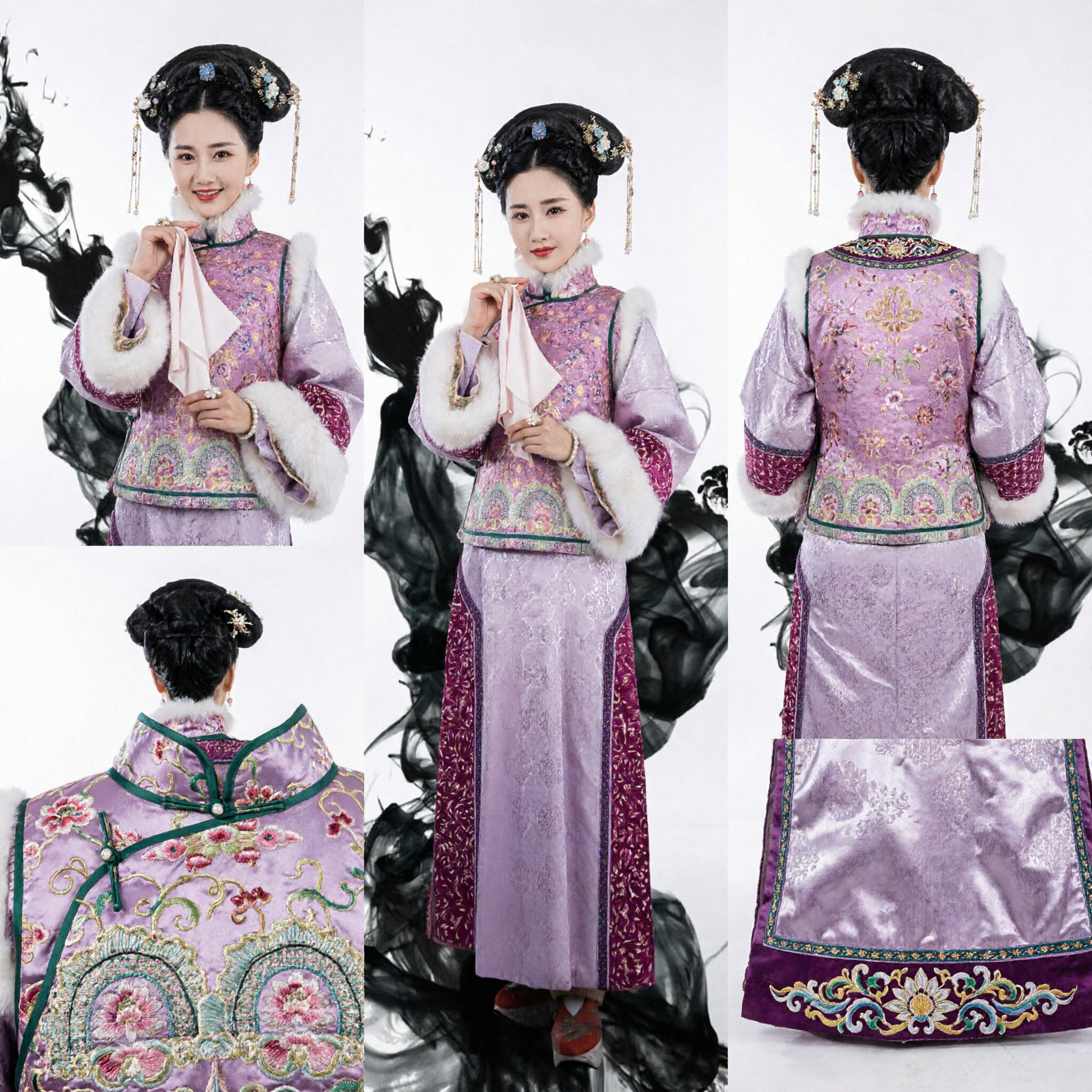 Traditional Chinese Qing Dynasty Manchu Princess Costume Purple Floral Embroidery Fur Trim Robe and Headdress Set