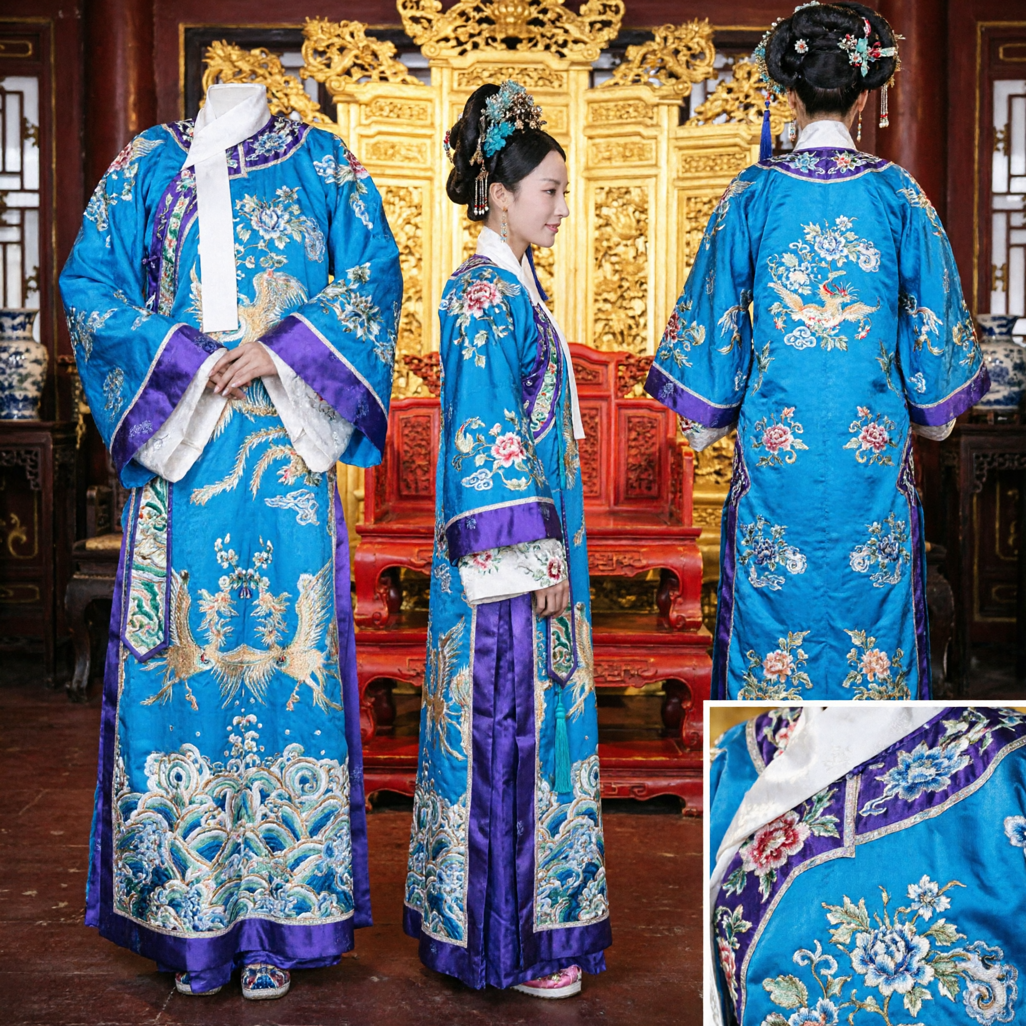 Traditional Chinese Qing Dynasty Blue Empress Costume with Phoenix Embroidery and Headdress for Women Cosplay