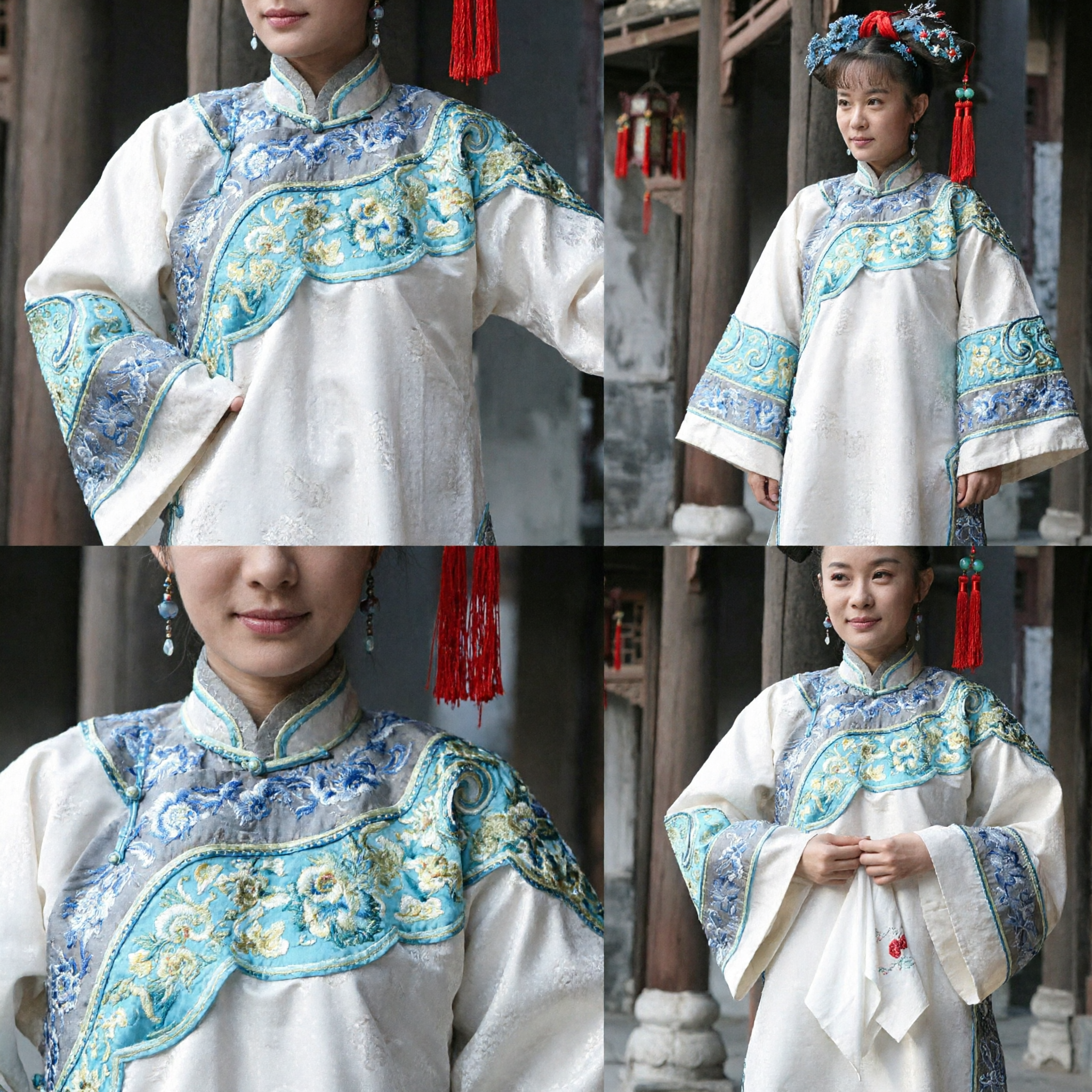 Elegant Traditional Chinese Qing Dynasty Manchu Princess Costume White Embroidered Robe with Floral Headdress for Women Cosplay