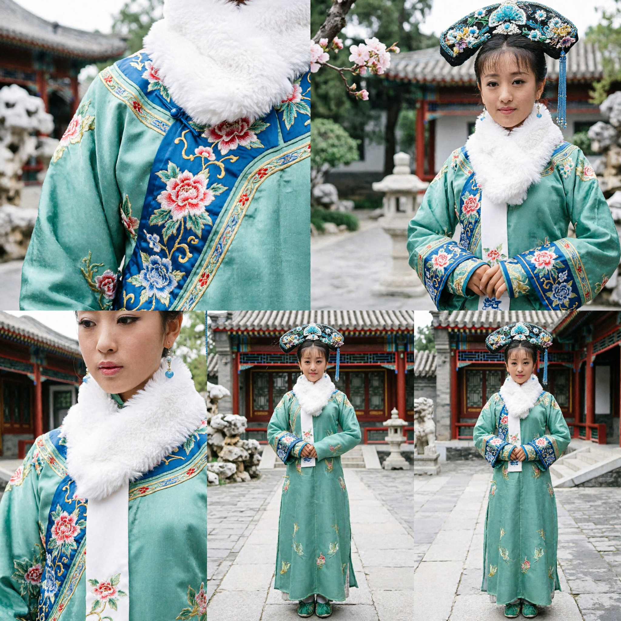 Traditional Chinese Qing Dynasty Manchu Princess Costume for Girls Green Embroidered Dress with Headdress
