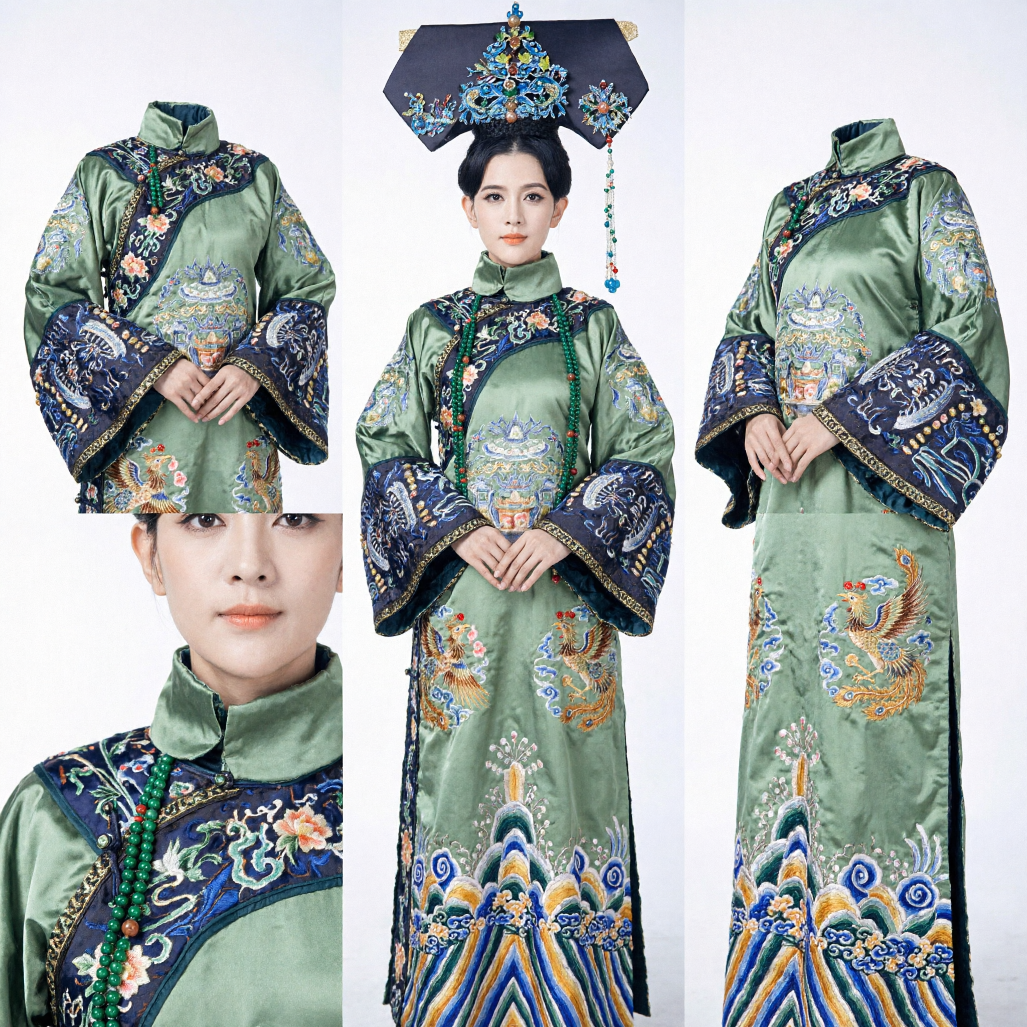 Traditional Chinese Qing Dynasty Manchu Princess Green Embroidered Robe and Headdress Costume for Women Cosplay
