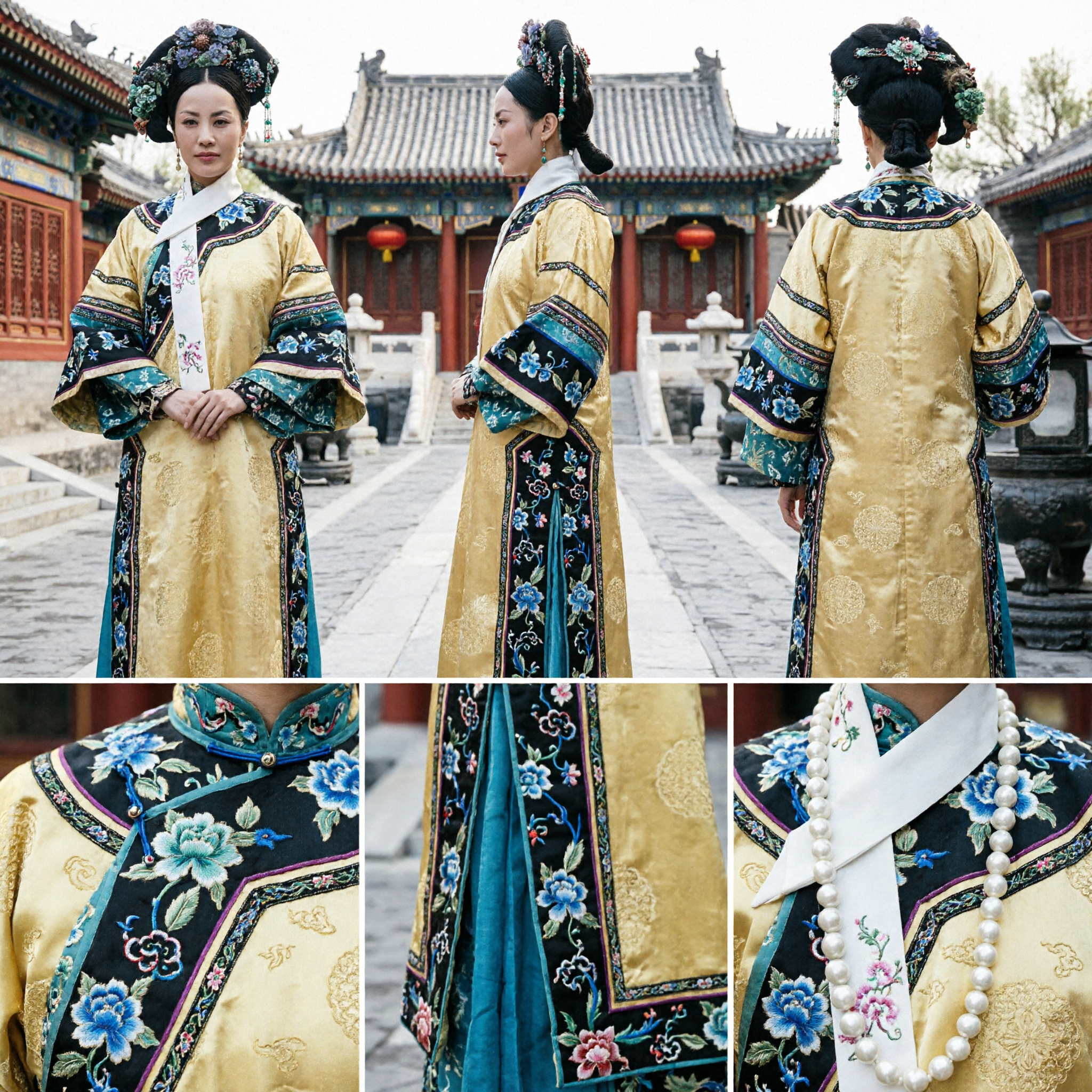 Traditional Chinese Qing Dynasty Palace Lady Costume Ancient Empress Yellow Robe for Women Cosplay
