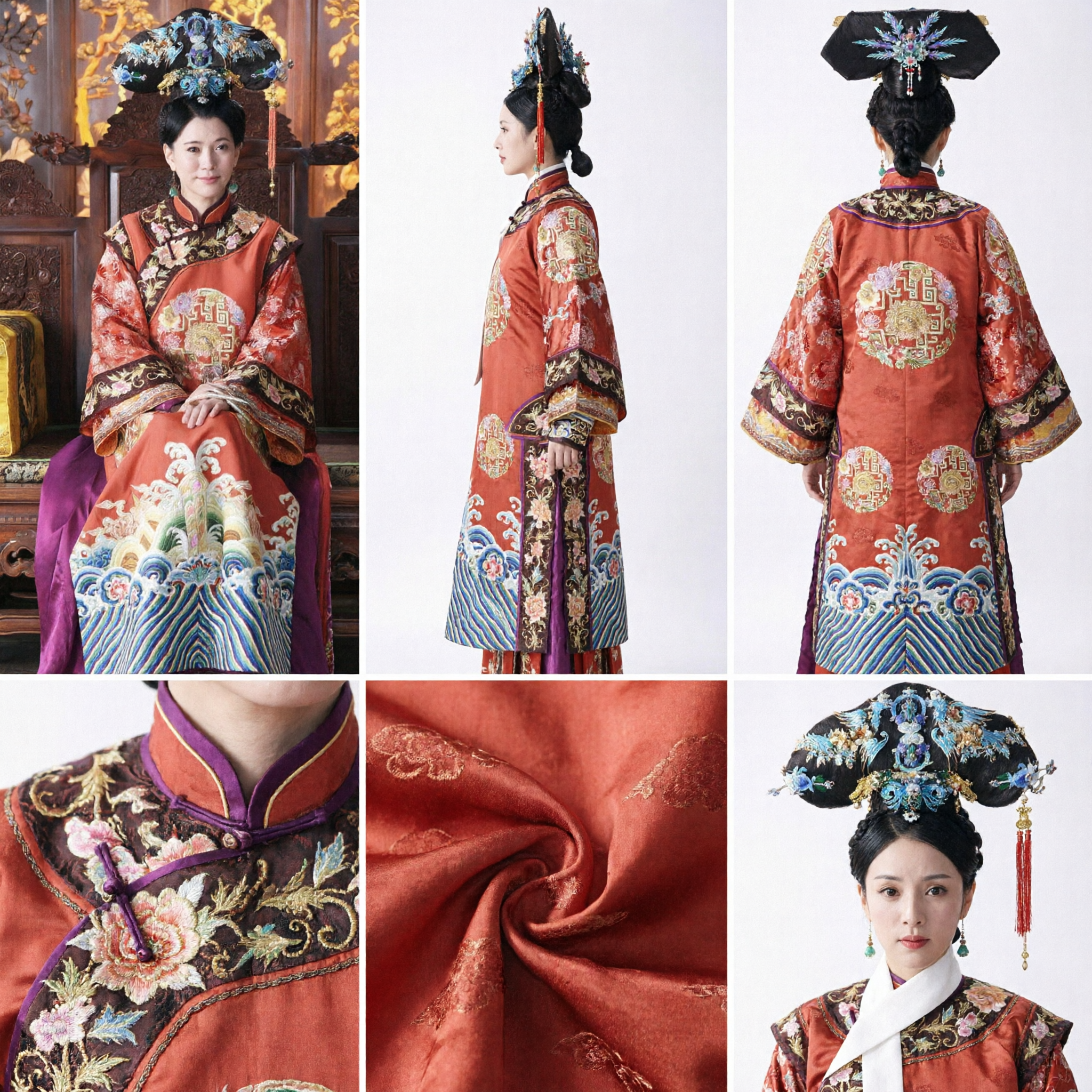 Ancient Chinese Qing Dynasty Manchu Empress Costume Orange Embroidered Robe and Floral Headdress Set for Women