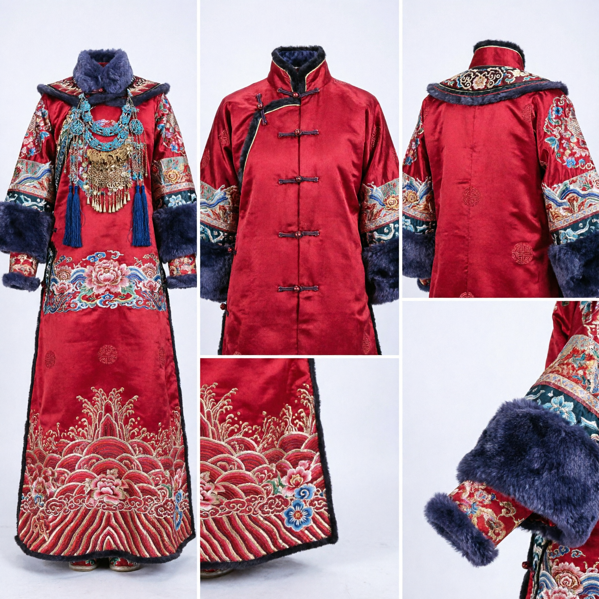 Traditional Chinese Qing Dynasty Empress Red Robe Manchu Costume with Fur Trim and Headdress for Women