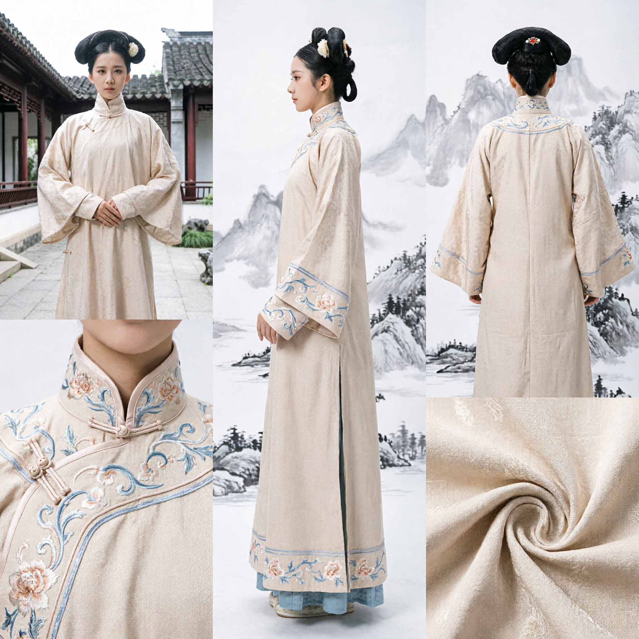 Ancient Chinese Qing Dynasty Palace Maid Costume Beige Long Robe Traditional Manchu Dress for Women