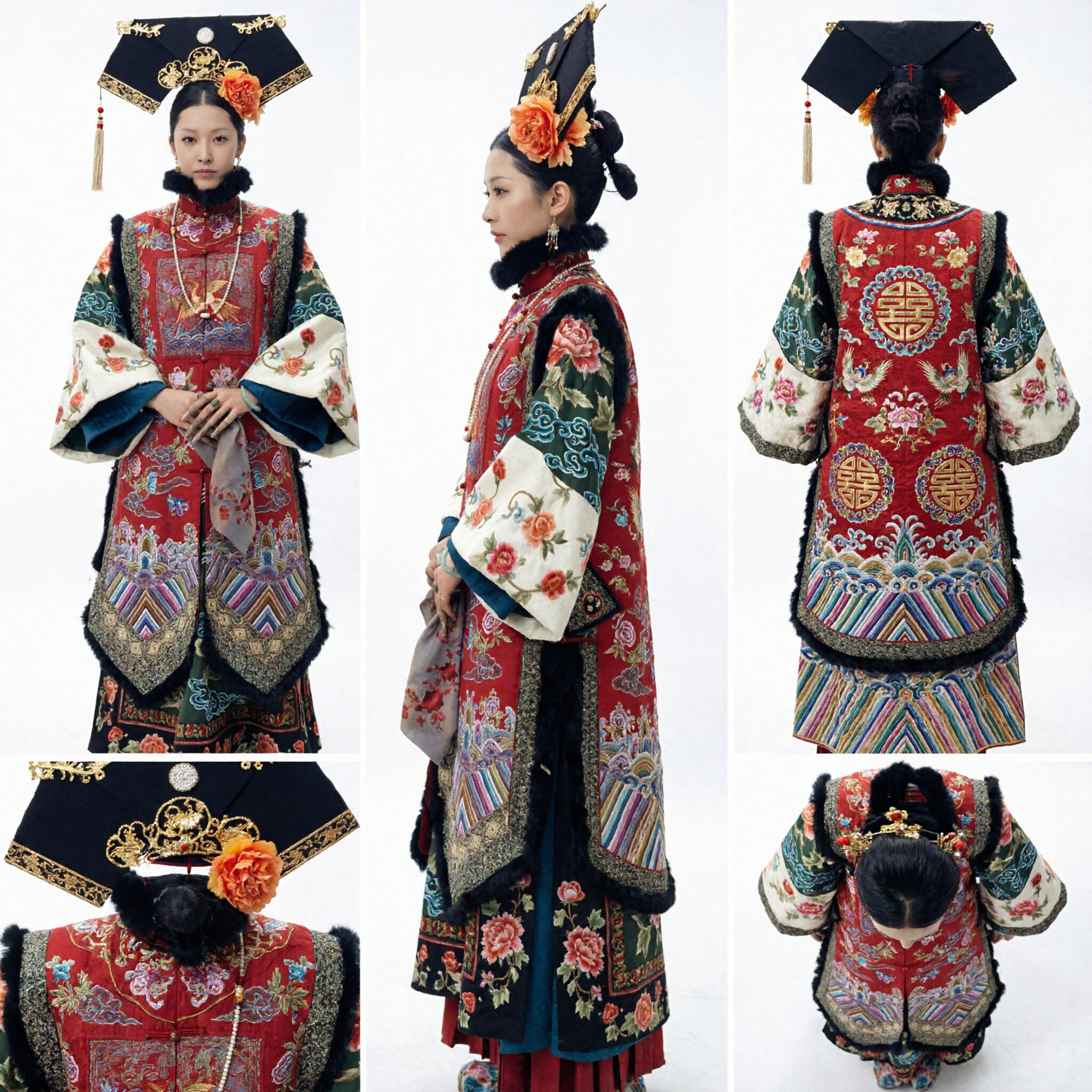 Traditional Chinese Qing Dynasty Manchu Empress Costume Red Embroidered Robe with Headdress for Women