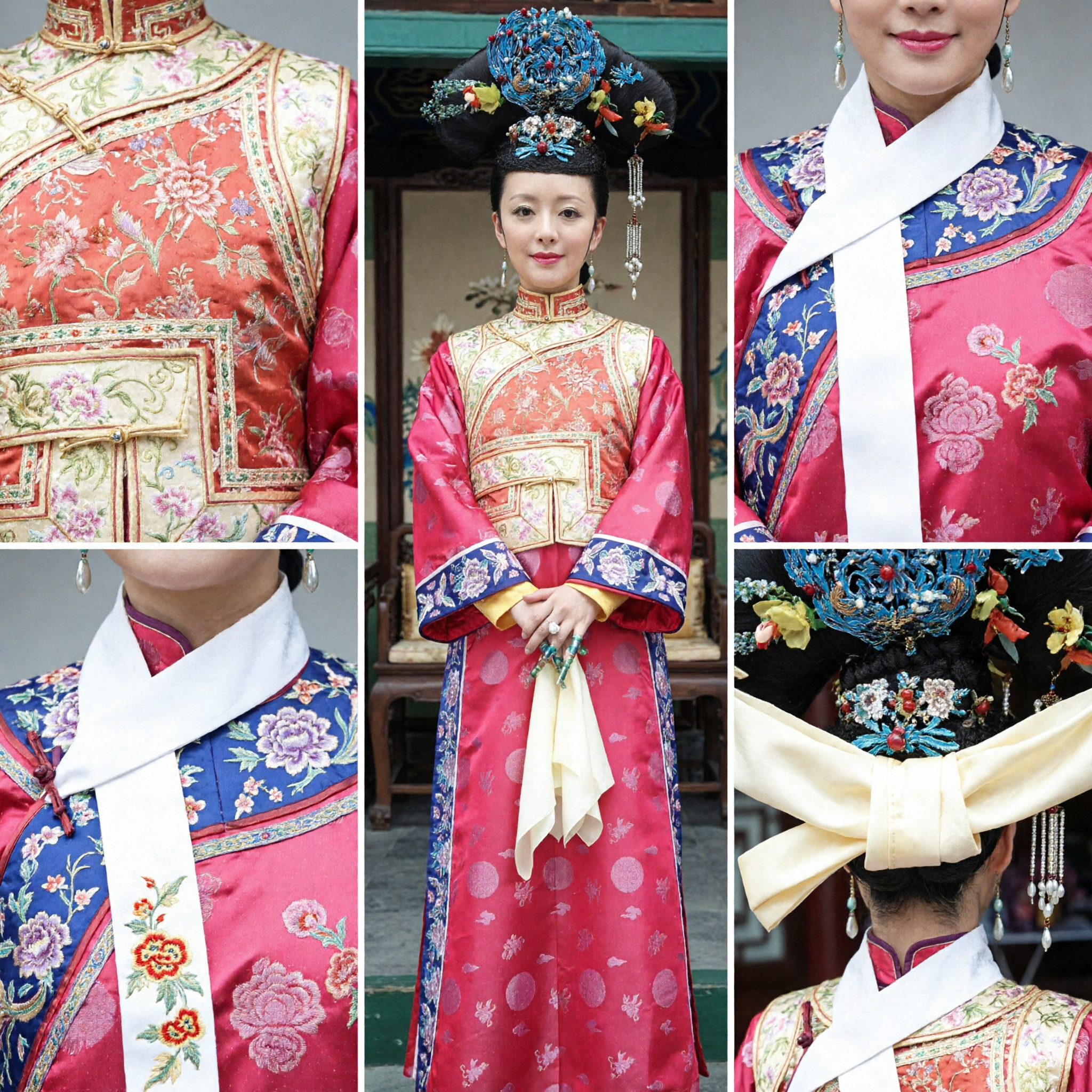 Chinese Traditional Qing Dynasty Princess Costume Pink Embroidered Manchu Robe Ancient Palace Lady Dress