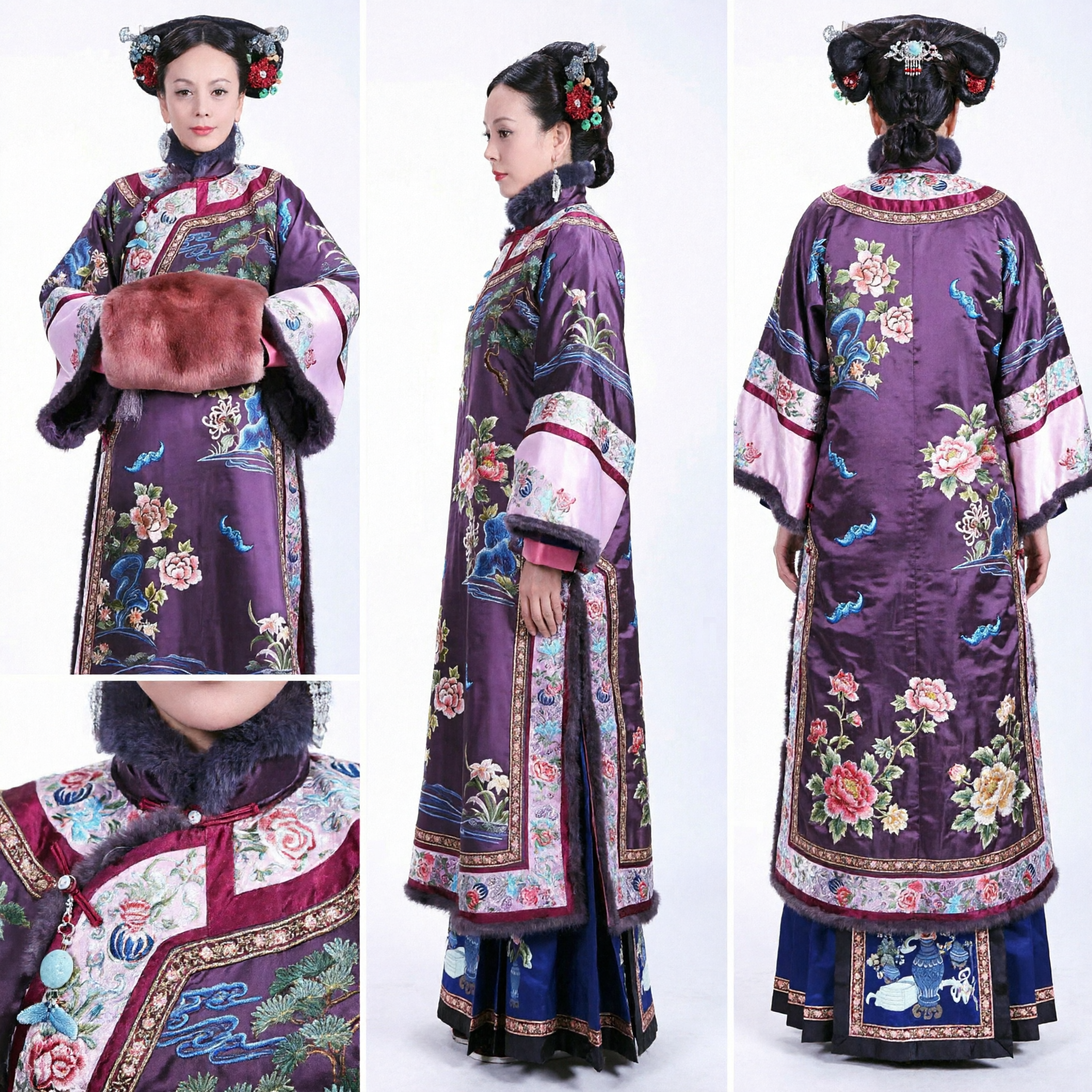 Traditional Chinese Qing Dynasty Manchu Purple Embroidered Robe Costume with Fur Muff for Historical Drama Cosplay