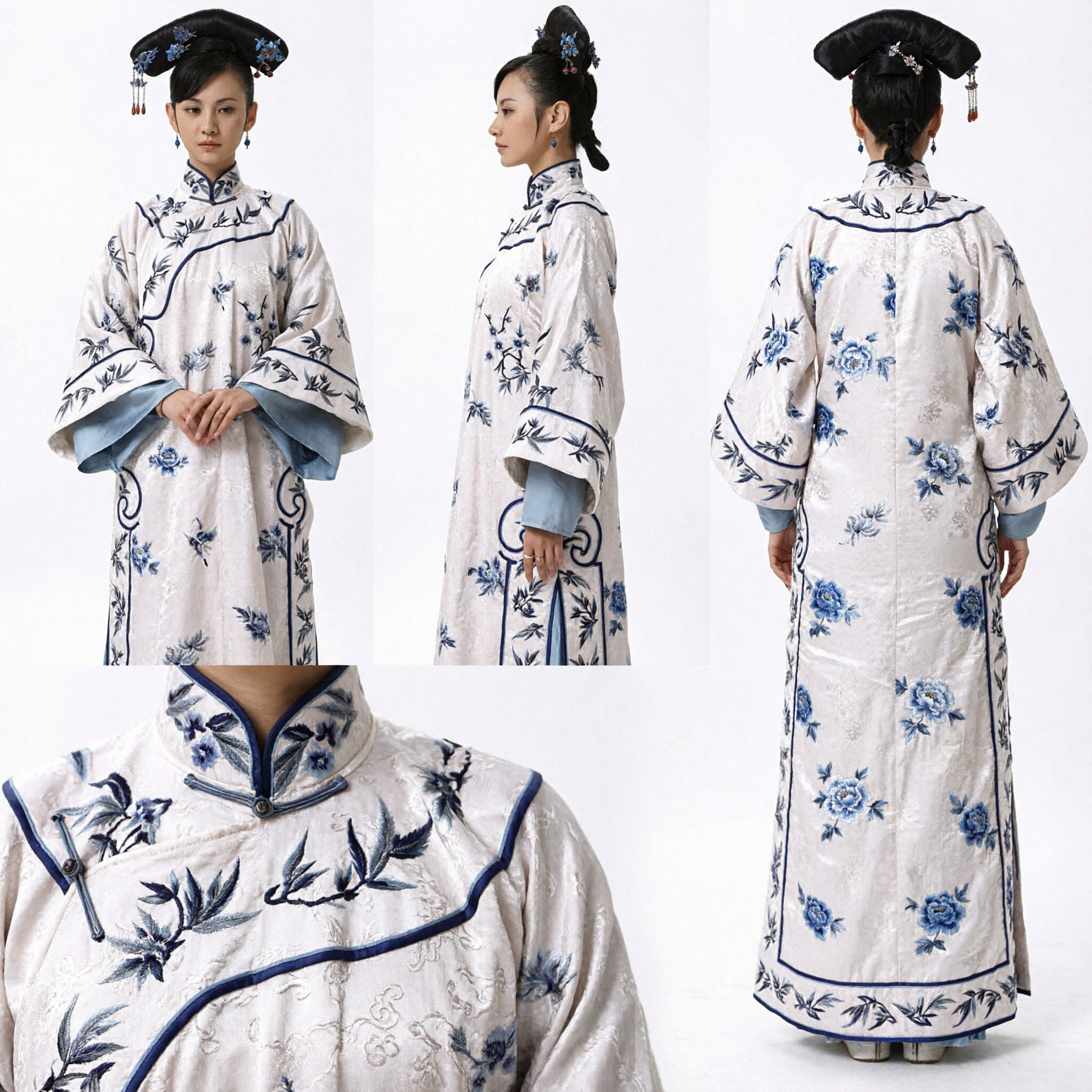 Traditional Chinese Qing Dynasty Manchu Noblewoman Costume White Embroidered Bamboo Robe with Headdress for Women